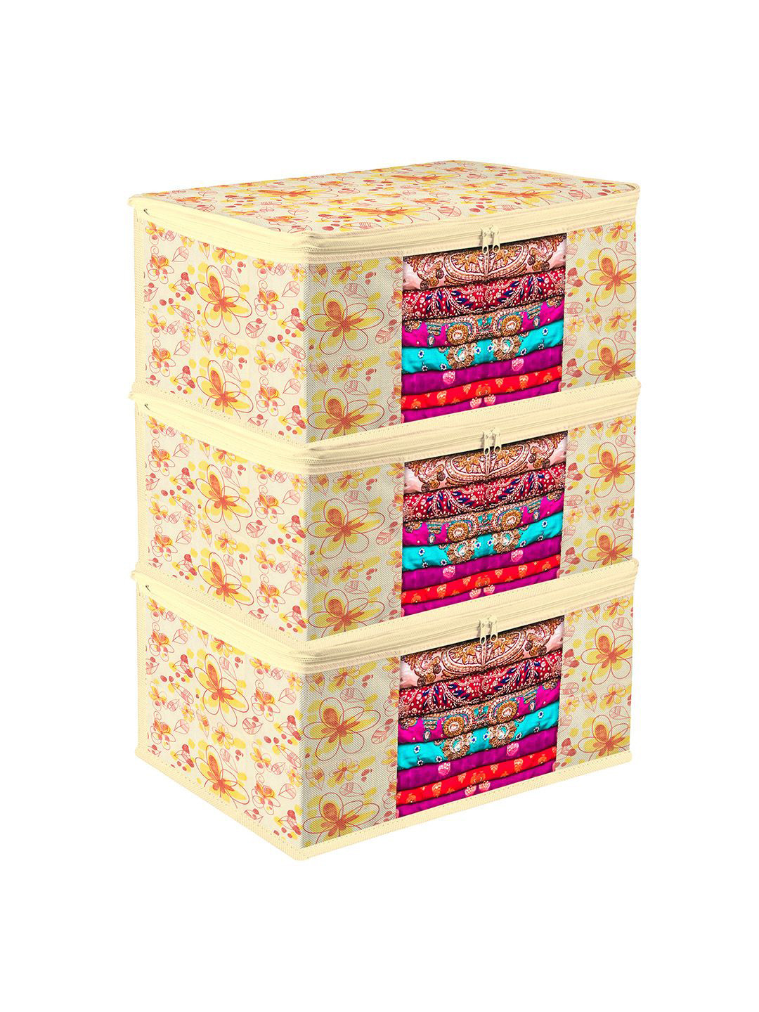 Kuber Industries Cream-Coloured & Red 3 Pieces Floral Printed Saree Covers With Zip