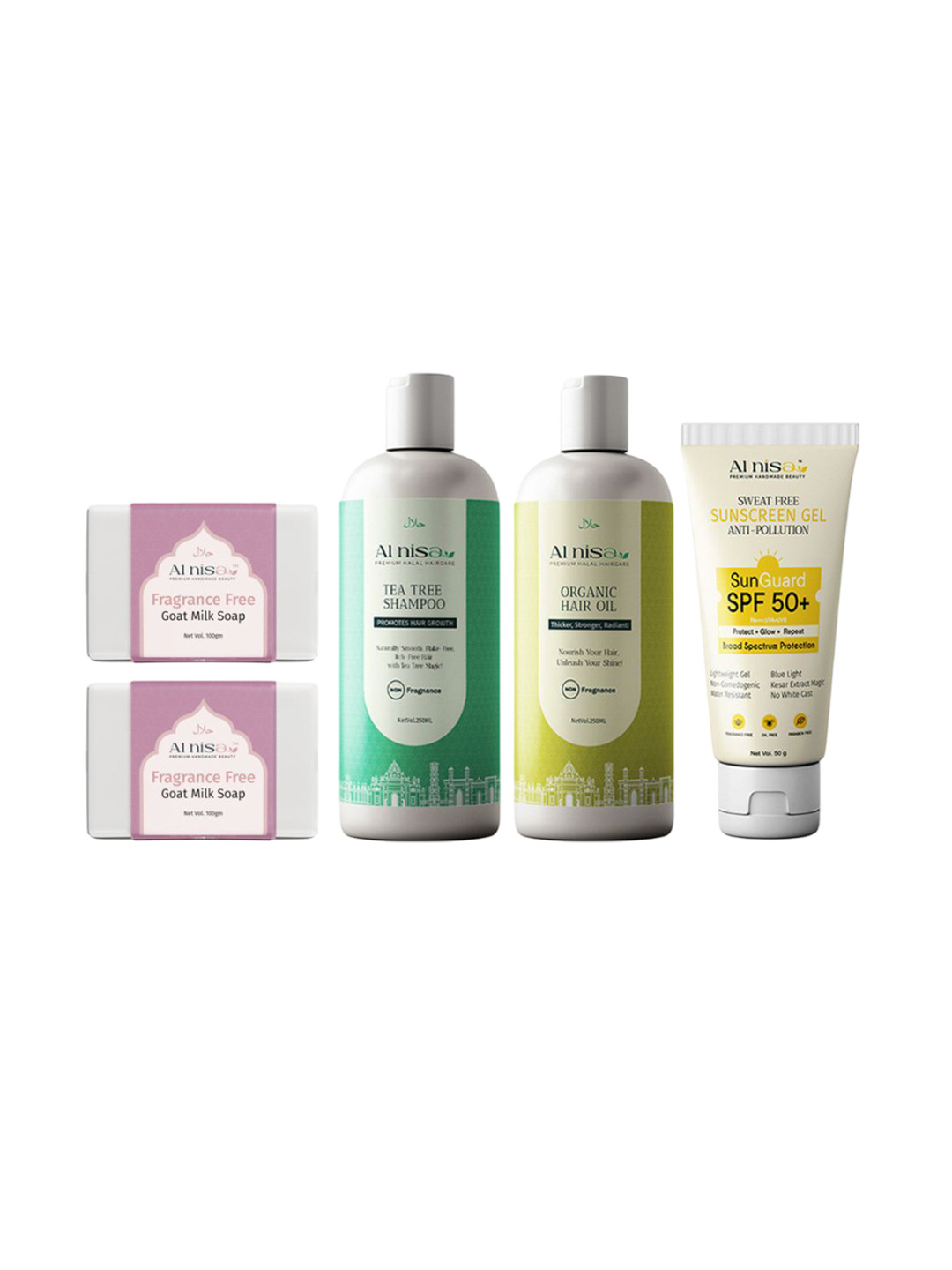 Al Nisa Set Of 5 Tea Tree Shampoo- 250 ml- Organic Hair Oil- 250 ml- Sungard SPF 50+ - 50g