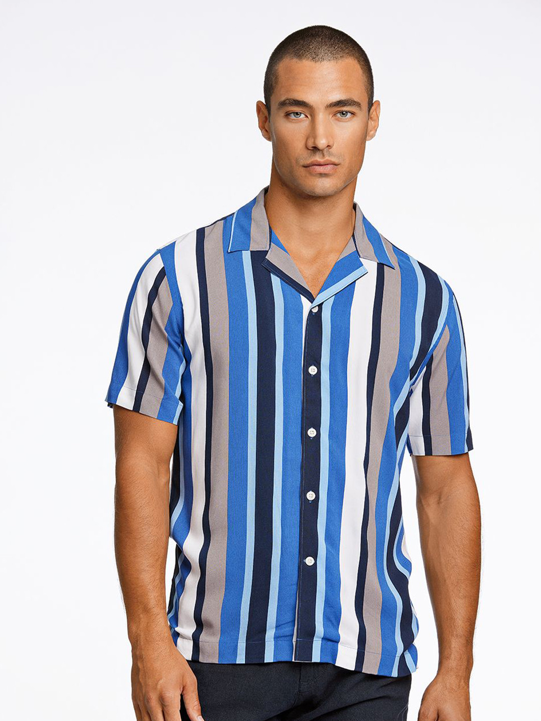 LINDBERGH Men Multicolor Vertical Stripes Cuban Collar Short Sleeve Shirt