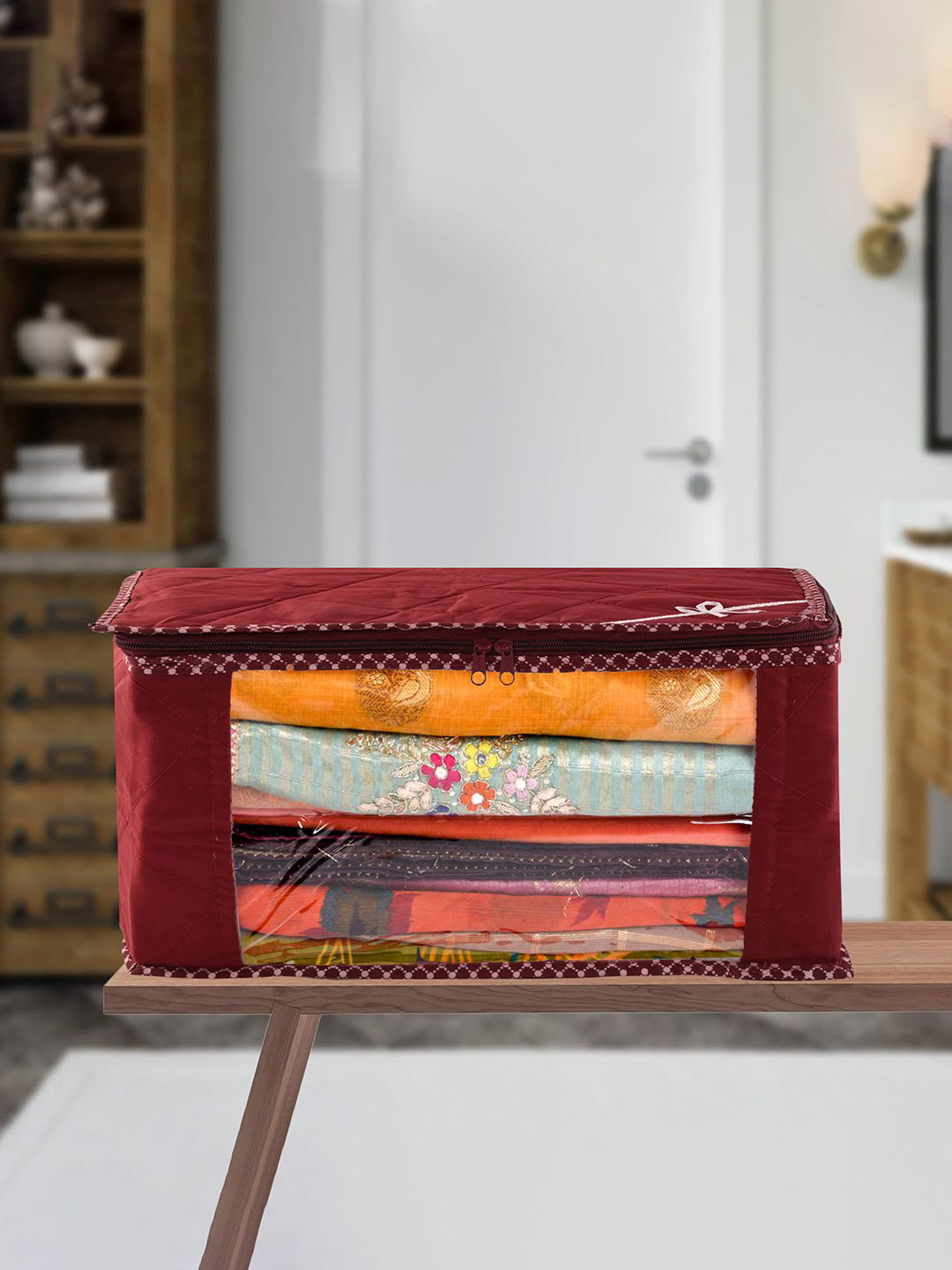 Kuber Industries Maroon & White Printed Hathkadi Piping Saree Cover With Zip