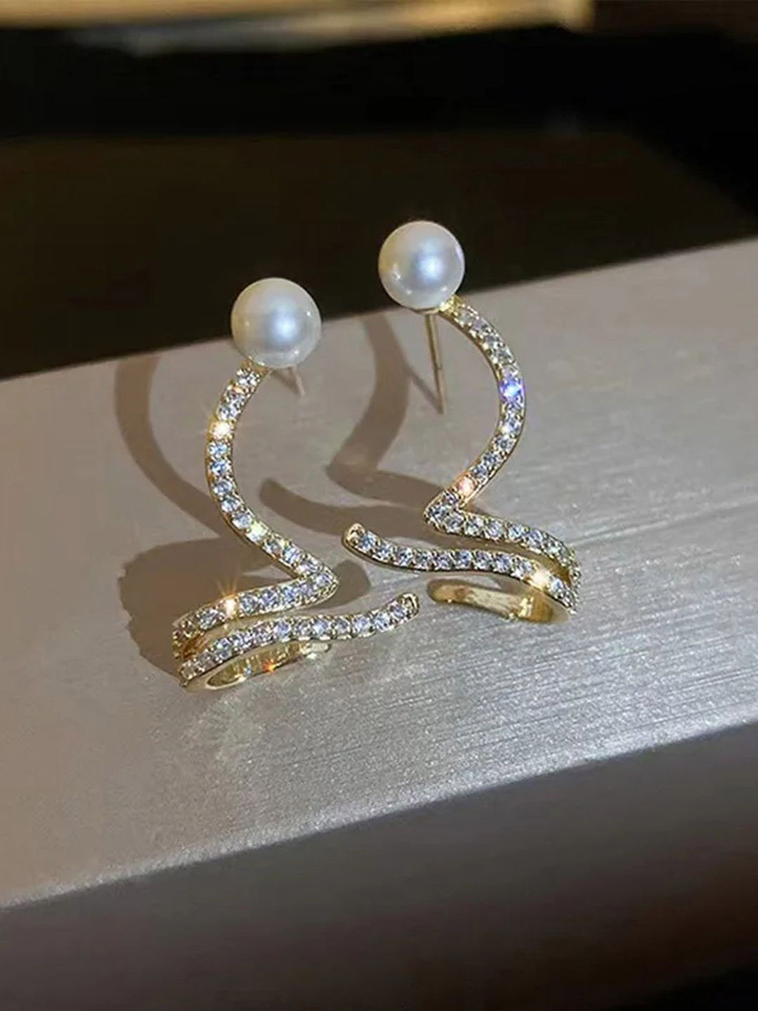 styledose Korean Sterling Silver Stone & Pearls Studded Snake Shape Drop Earrings