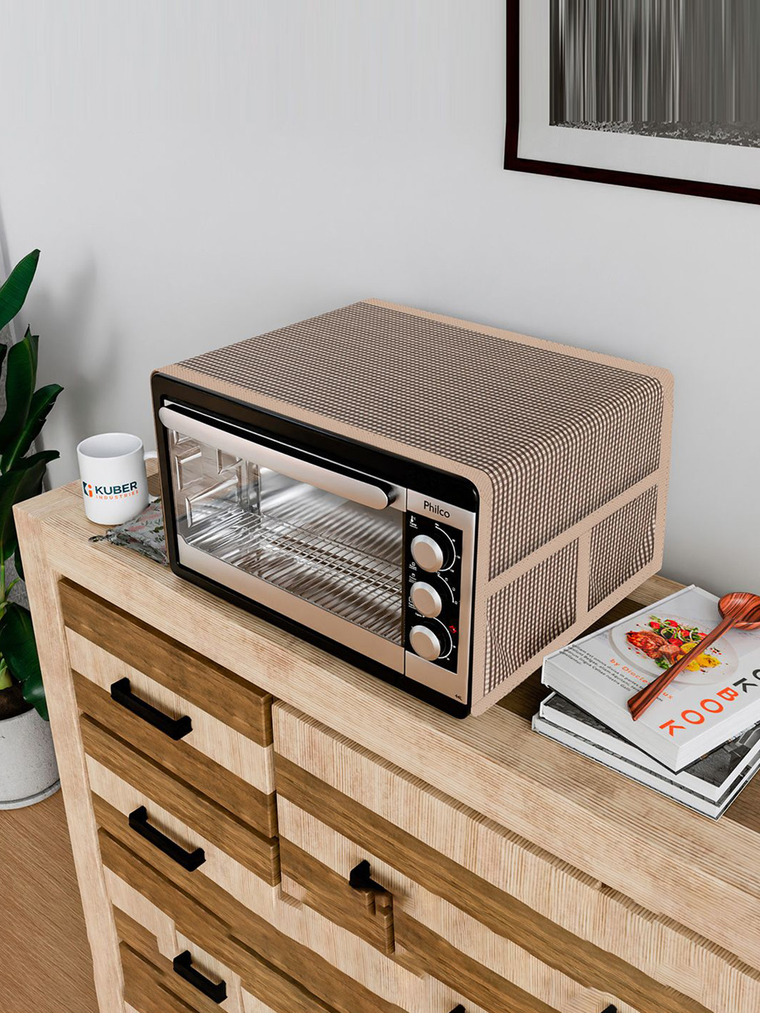 Kuber Industries Brown & White Checked Microwave Oven Top Cover With 4 Utility Pockets