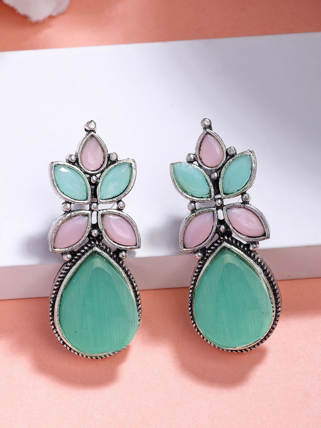 NVR Silver-Plated Tear-Drop Shape Artificial Stones Oxidised Drop Earrings