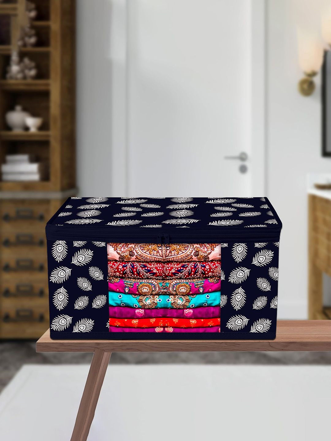 Kuber Industries Navy Blue & White Printed Saree Cover With Zip