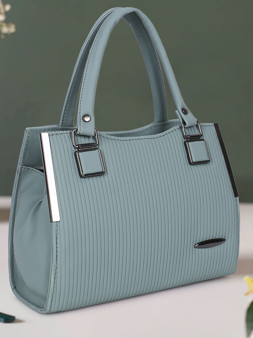 LADY QUINTON Striped PU Structured Handheld Bag with Bow Detail
