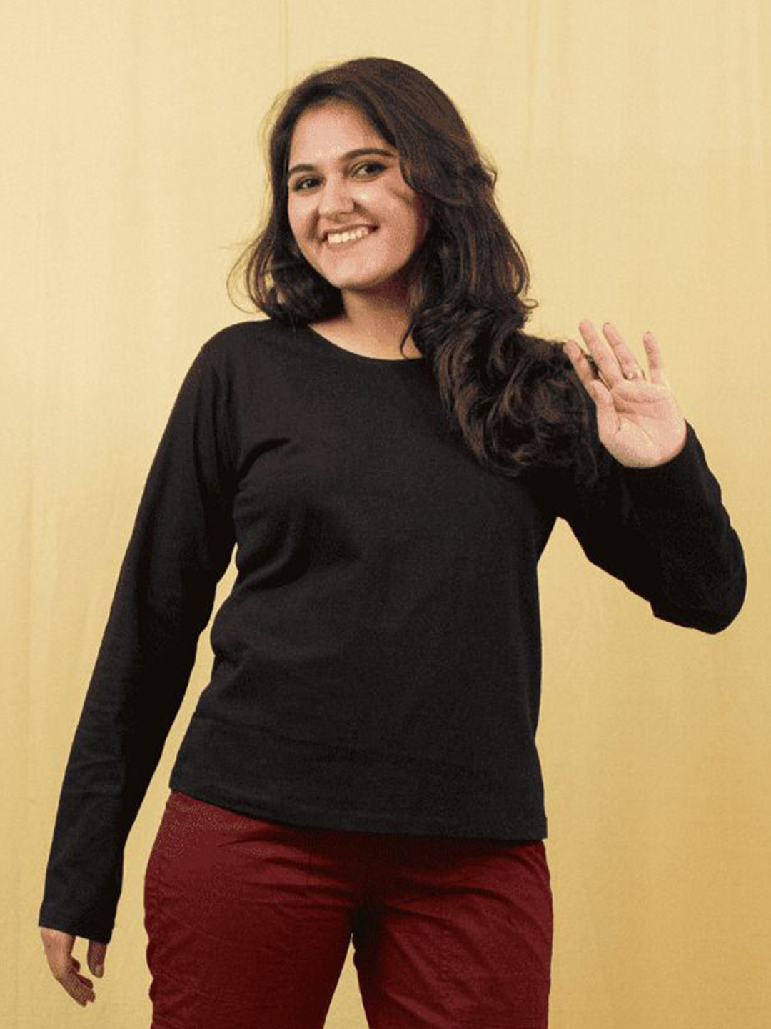 GlamZei Women Plain Solid Color Full Sleeves Round Neck Pure Cotton T-Shirt