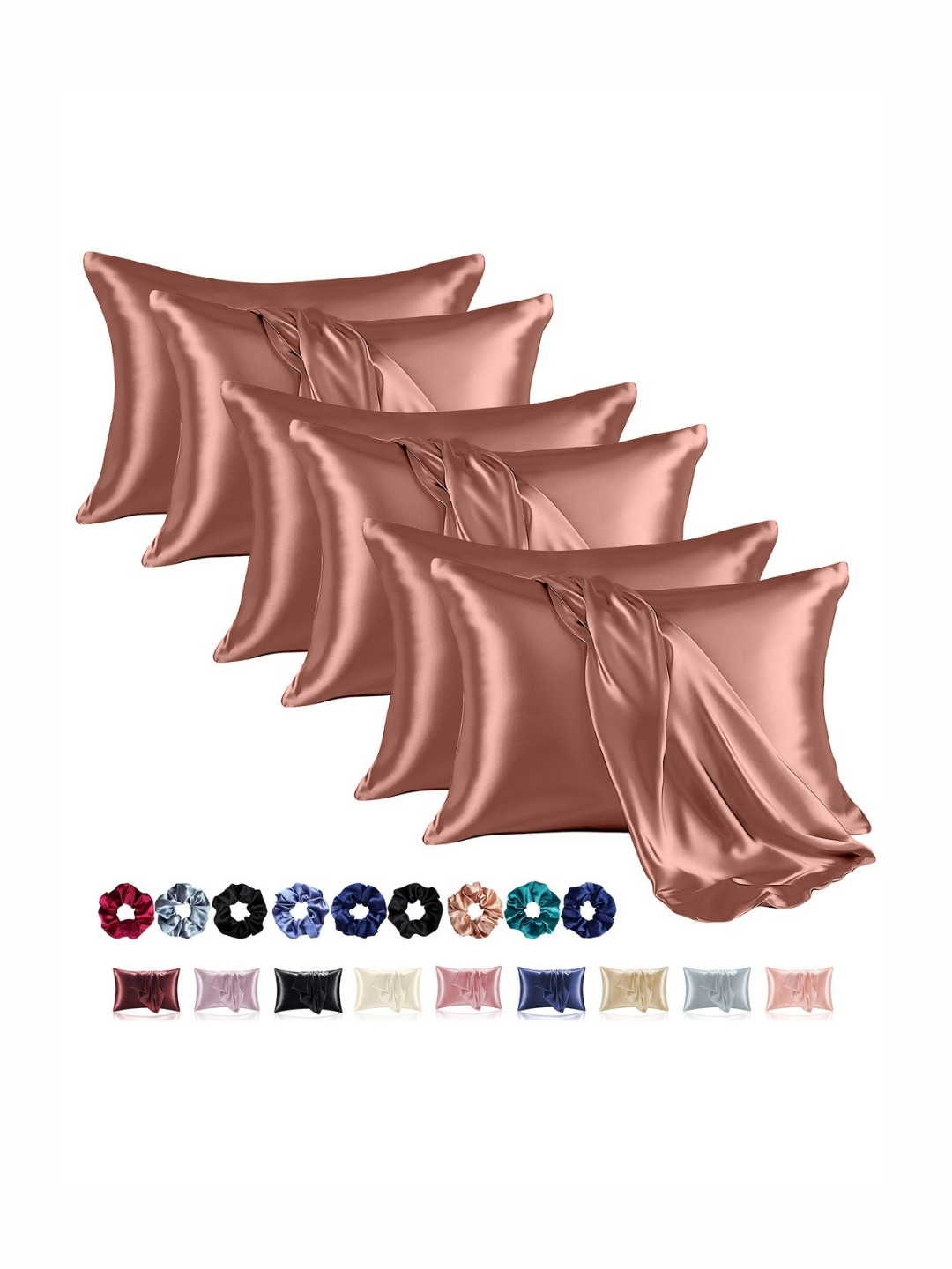 Aura Copper-Toned 6 Pieces Solid Pure Silk Rectangle Pillow Covers