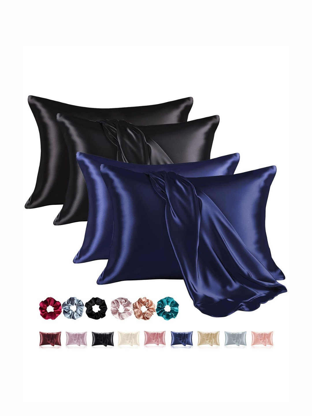Aura Black & Blue 4 Pieces Solid Pure Silk Rectangle Pillow Covers