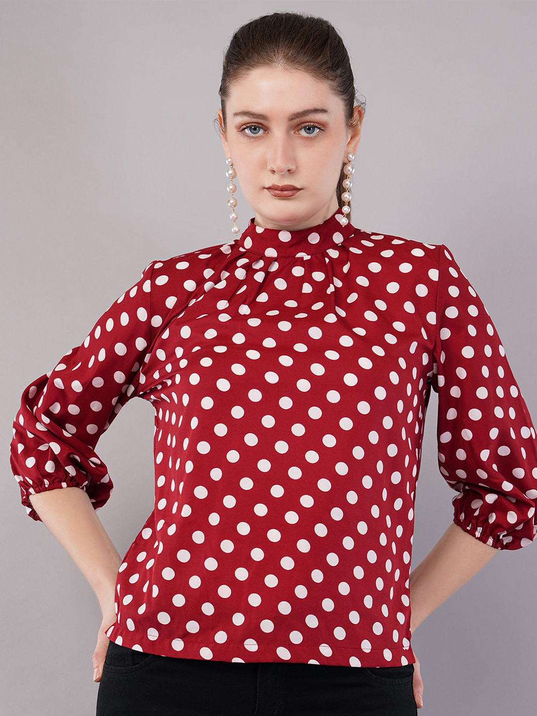 FLY STITCH Polka Dot Print Puff Sleeve Top