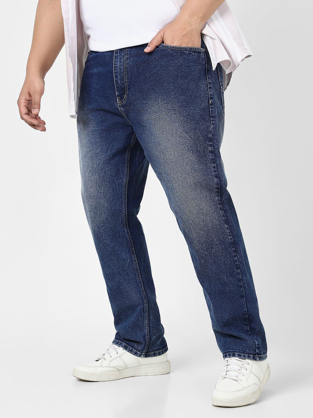 Urbano Plus Men Dark Blue Straight Fit Heavy Washed Jeans Stretchable