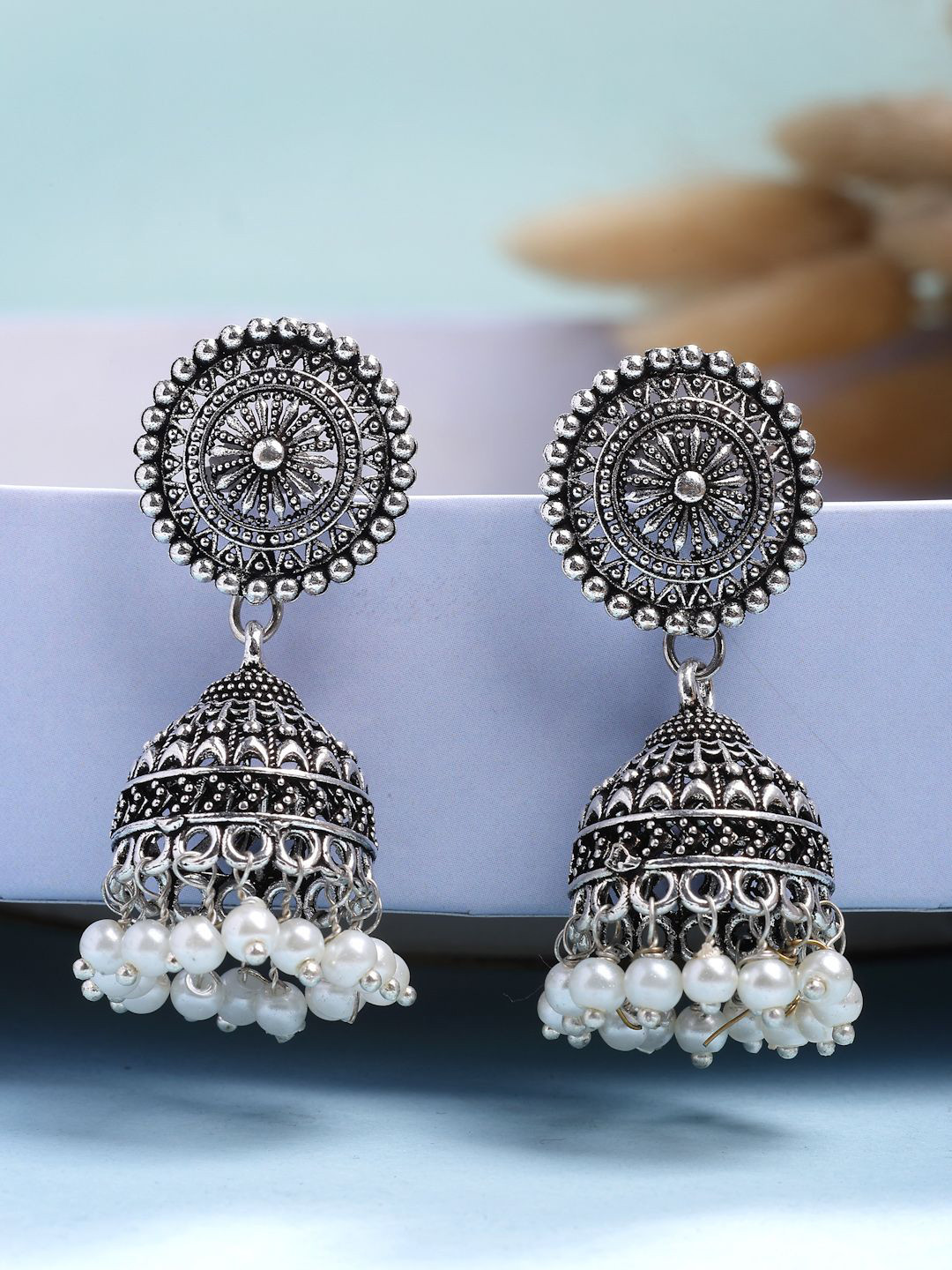 NVR German Silver Artificial Beads Silver Plated Oxidised Jhumka Earrings