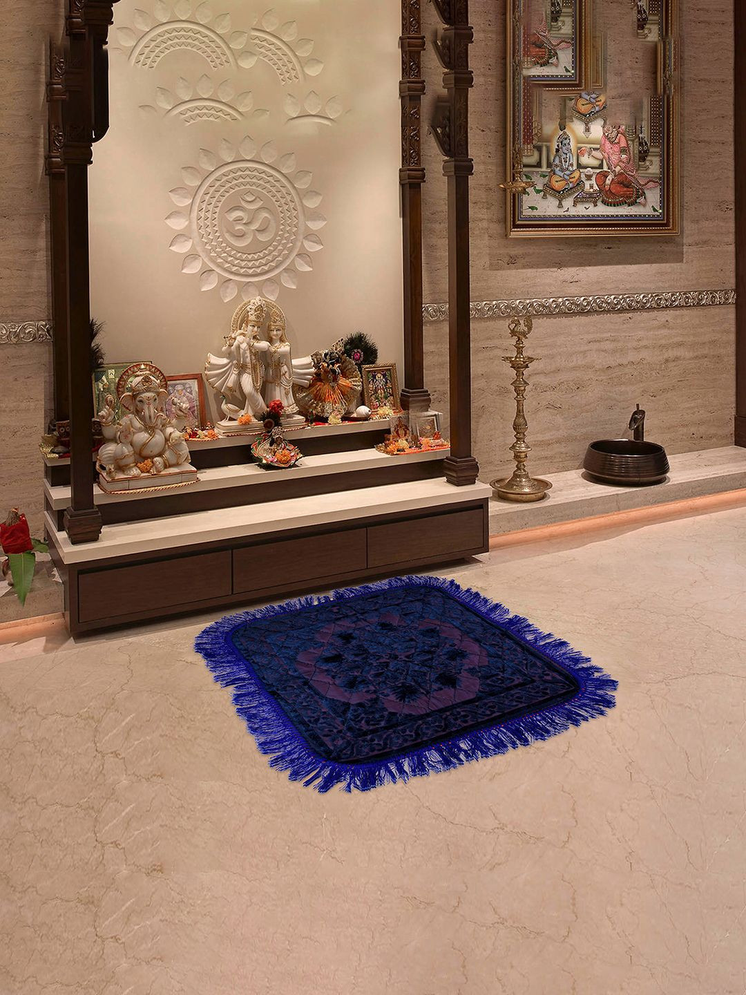 Kuber Industries Blue & Purple Self-Design Velvet Square Prayer Mat