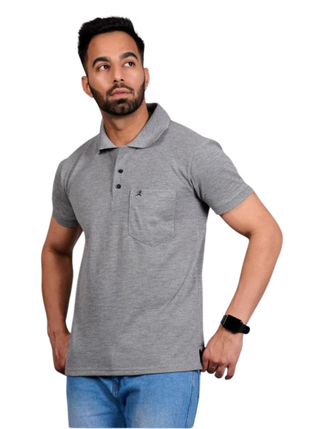 Grey Melange Polo Collar Regular Fit T-shirt