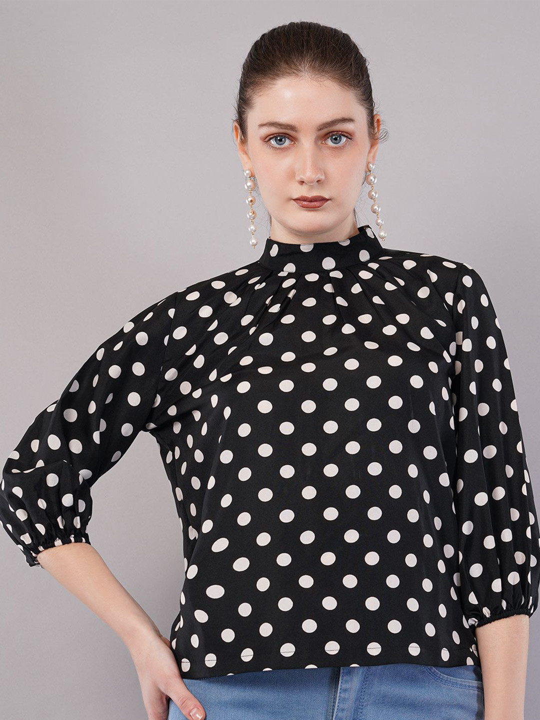FLY STITCH Polka Dot Print Puff Sleeve Top
