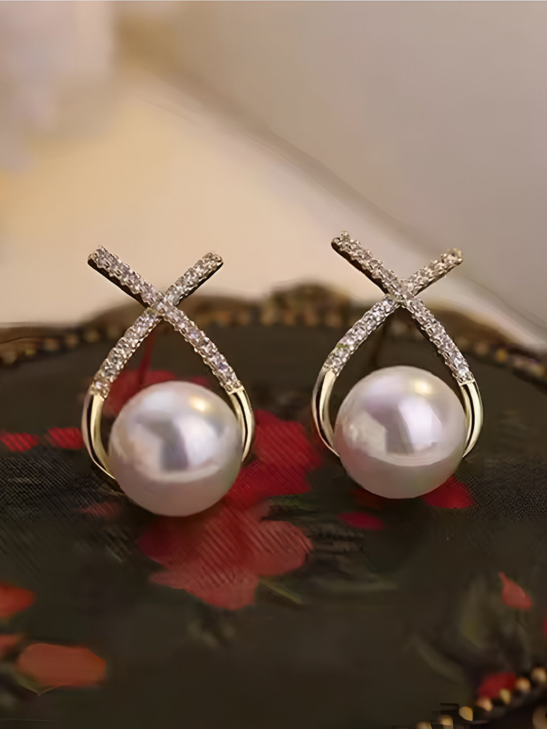Crazy Fashion Gold-Plated Pearls Studded Contemporary Studs