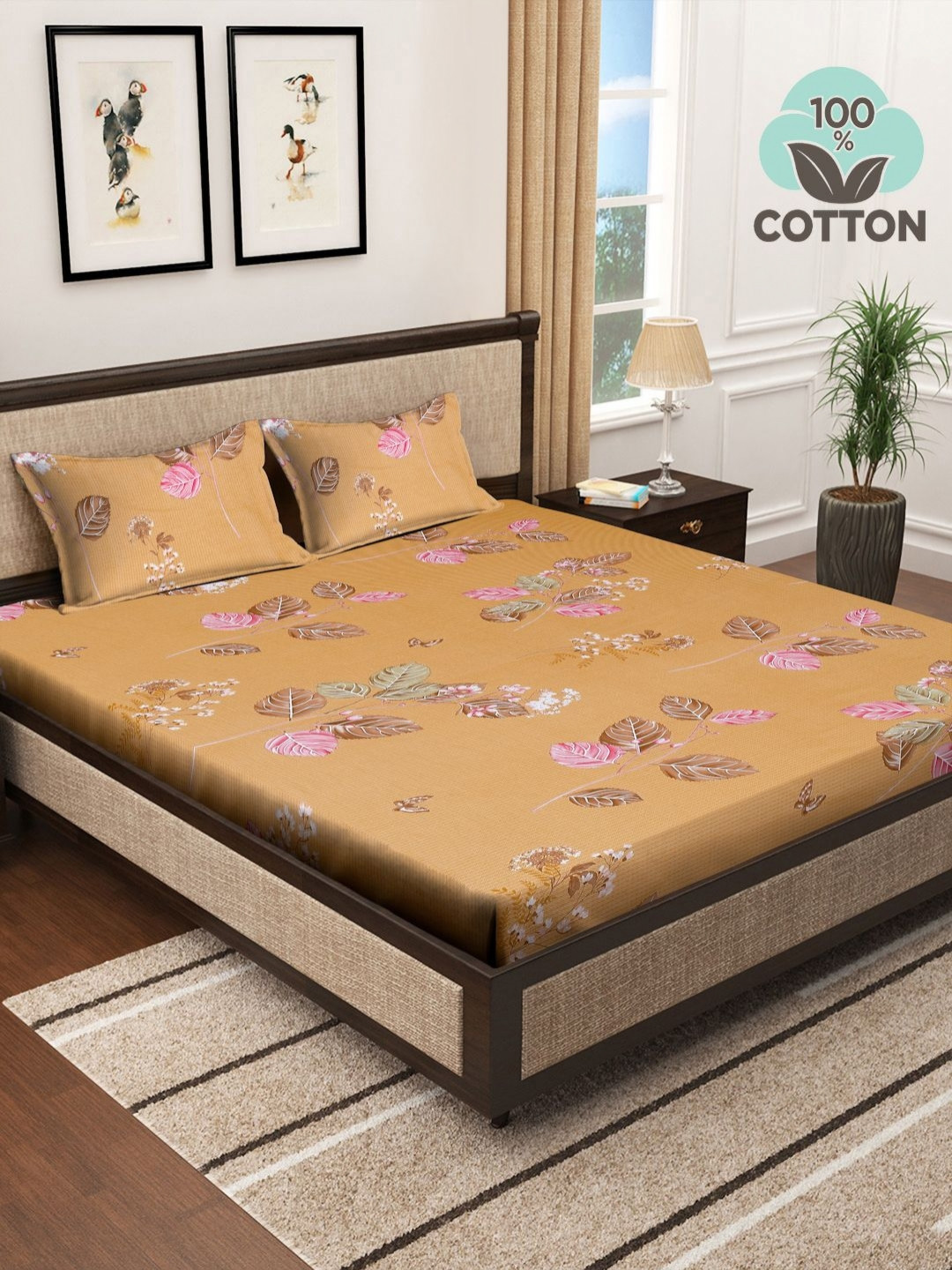 Myntra Elegant Homes Mustard Floral Cotton 400 TC Fitted King Superfine Bedsheet with 2 Pillow Covers-98 x 89 inches
