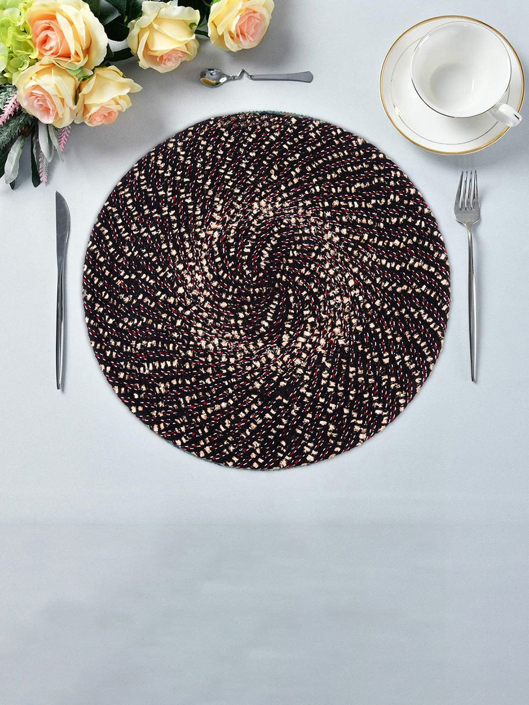 Kuber Industries Brown & Beige Embroidered Cotton Round Stain Resistant Table Placemat