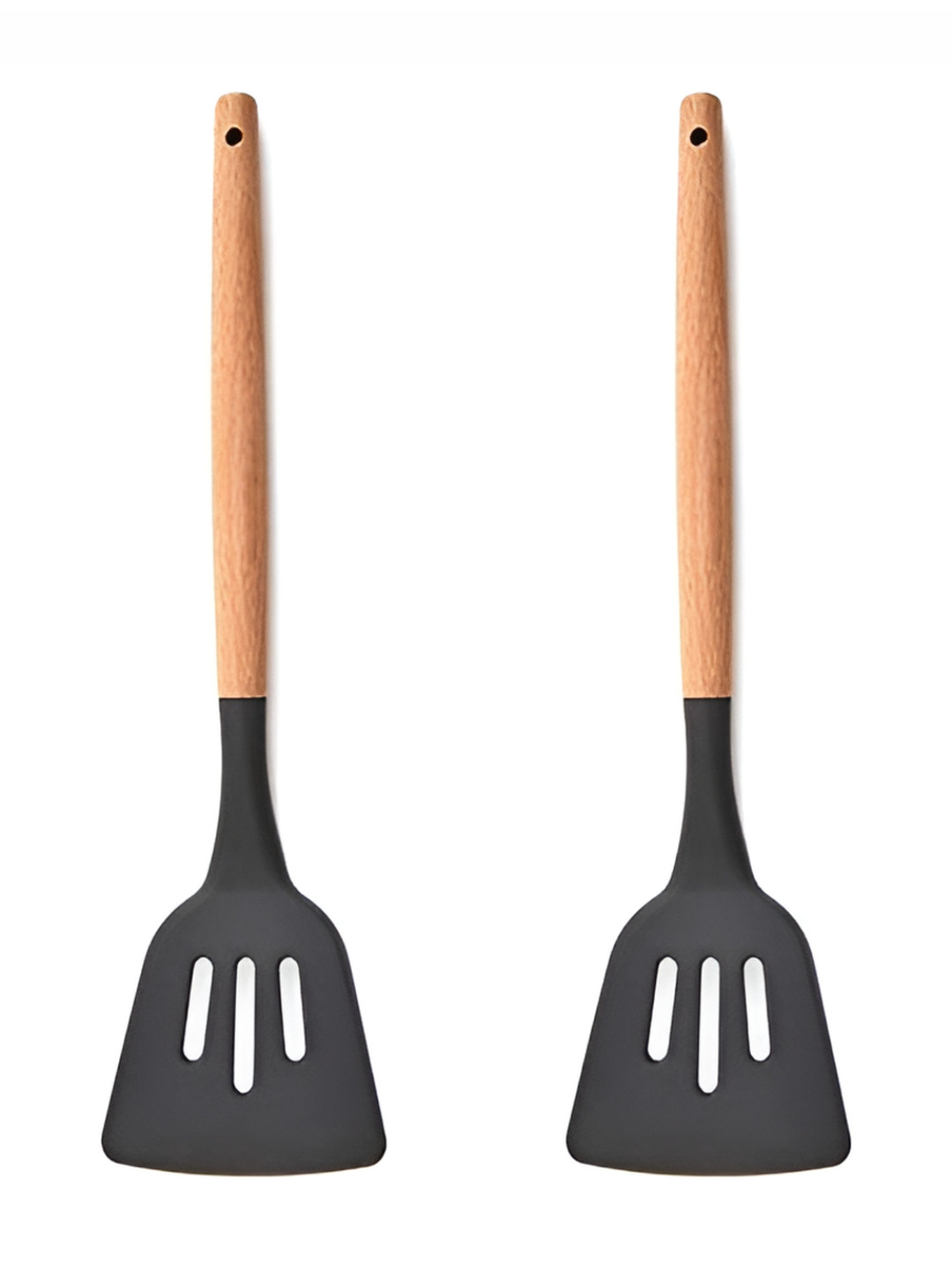 We3 Grey & Brown 2 Pieces Wooden Handle Silicone Slotted Turner
