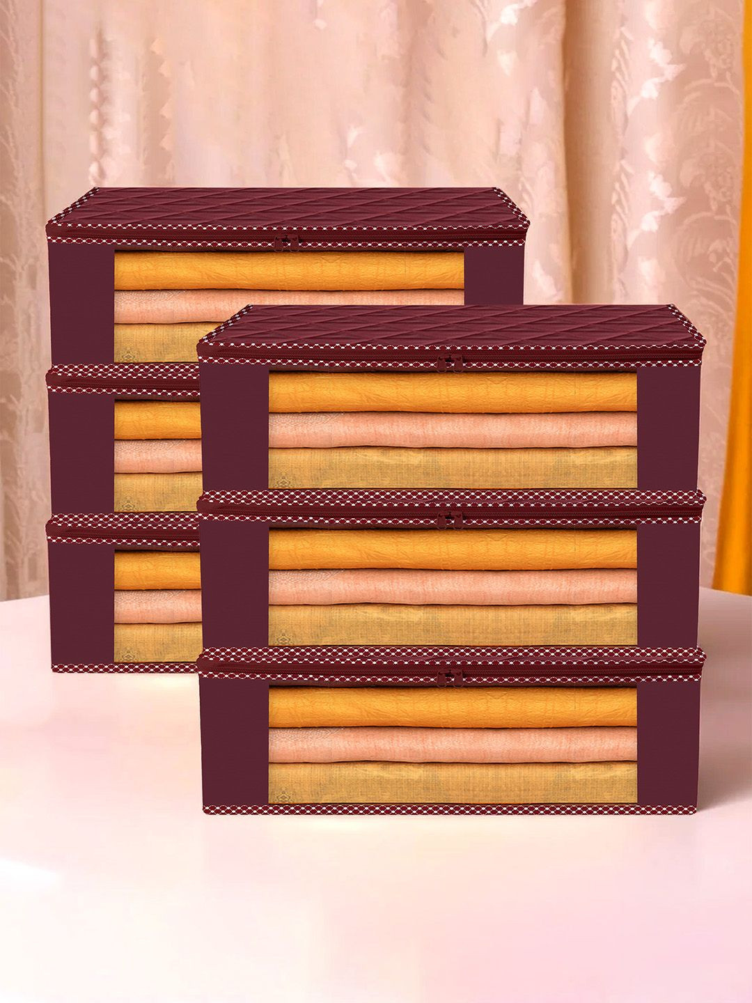 Kuber Industries Maroon & White 6 Pieces Dot Border Saree Cover With Zip