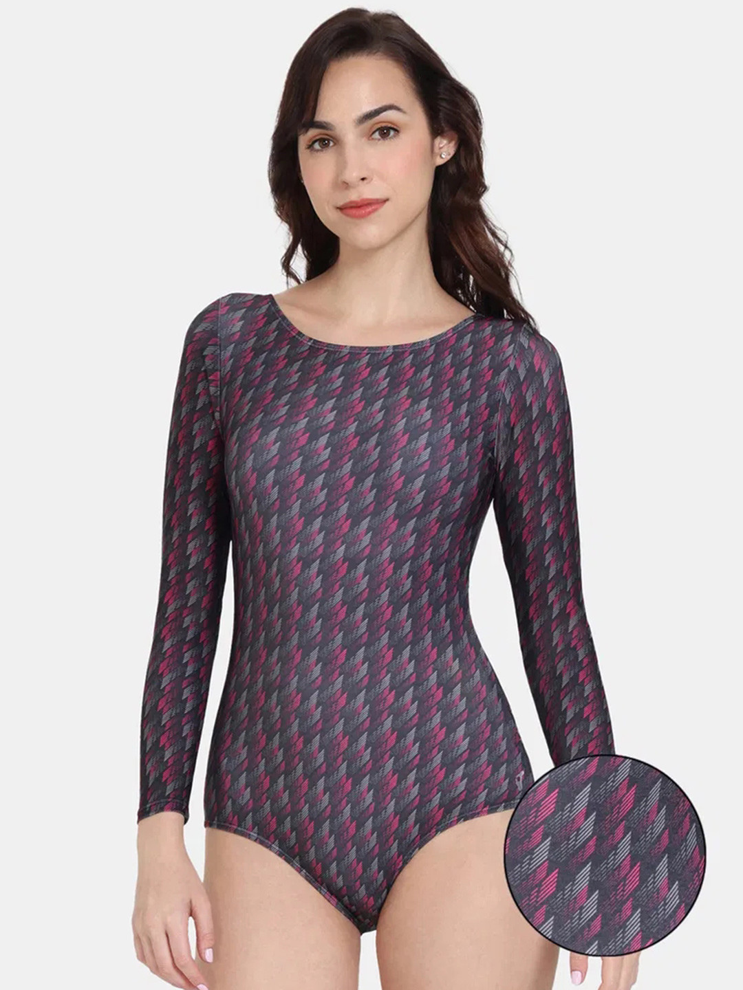 Zelocity by Zivame Printed Long Sleeves Zipper Swim Bodysuit