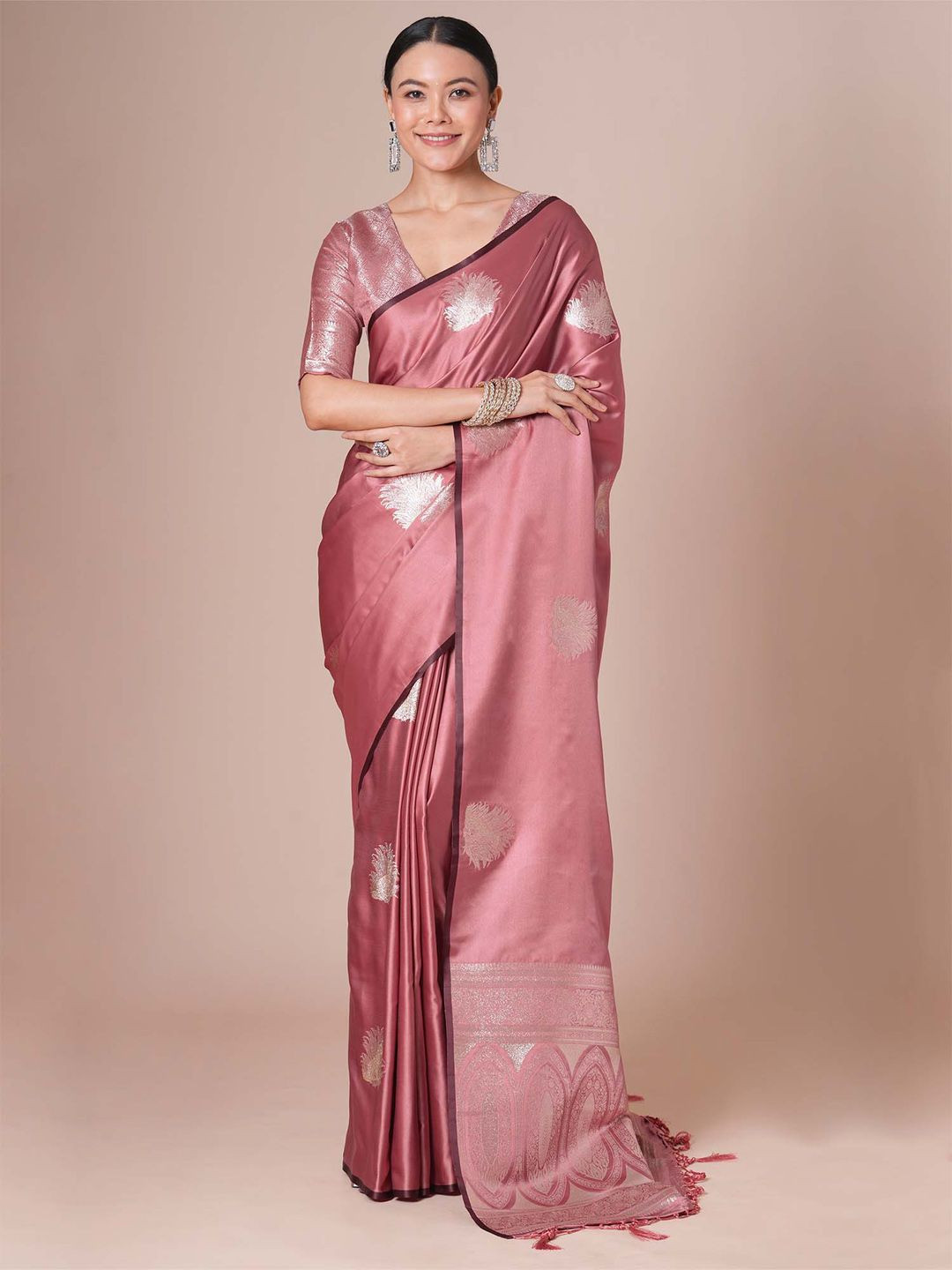 House Of Pataudi Mauve Satin Silk  Woven Design Party Wear Saree with Matching Blouse