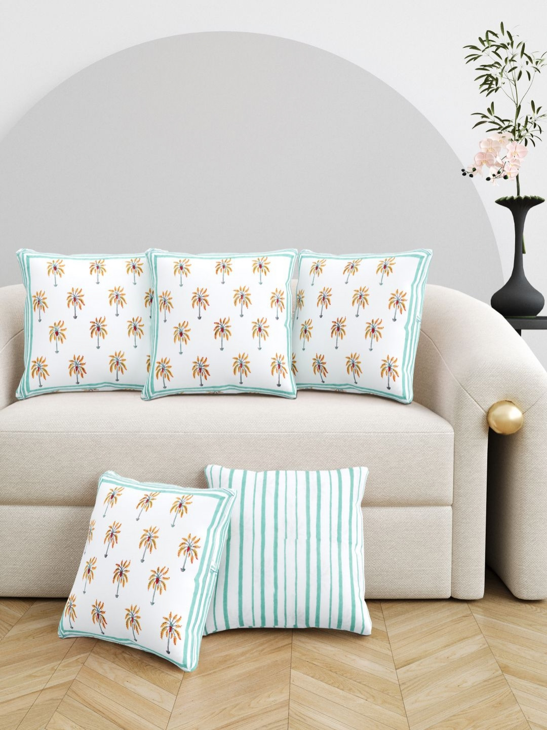 BLOCKS OF INDIA Reversible Floral Cotton Reversible 5 Pcs Cushion Covers - 16 x 16 In