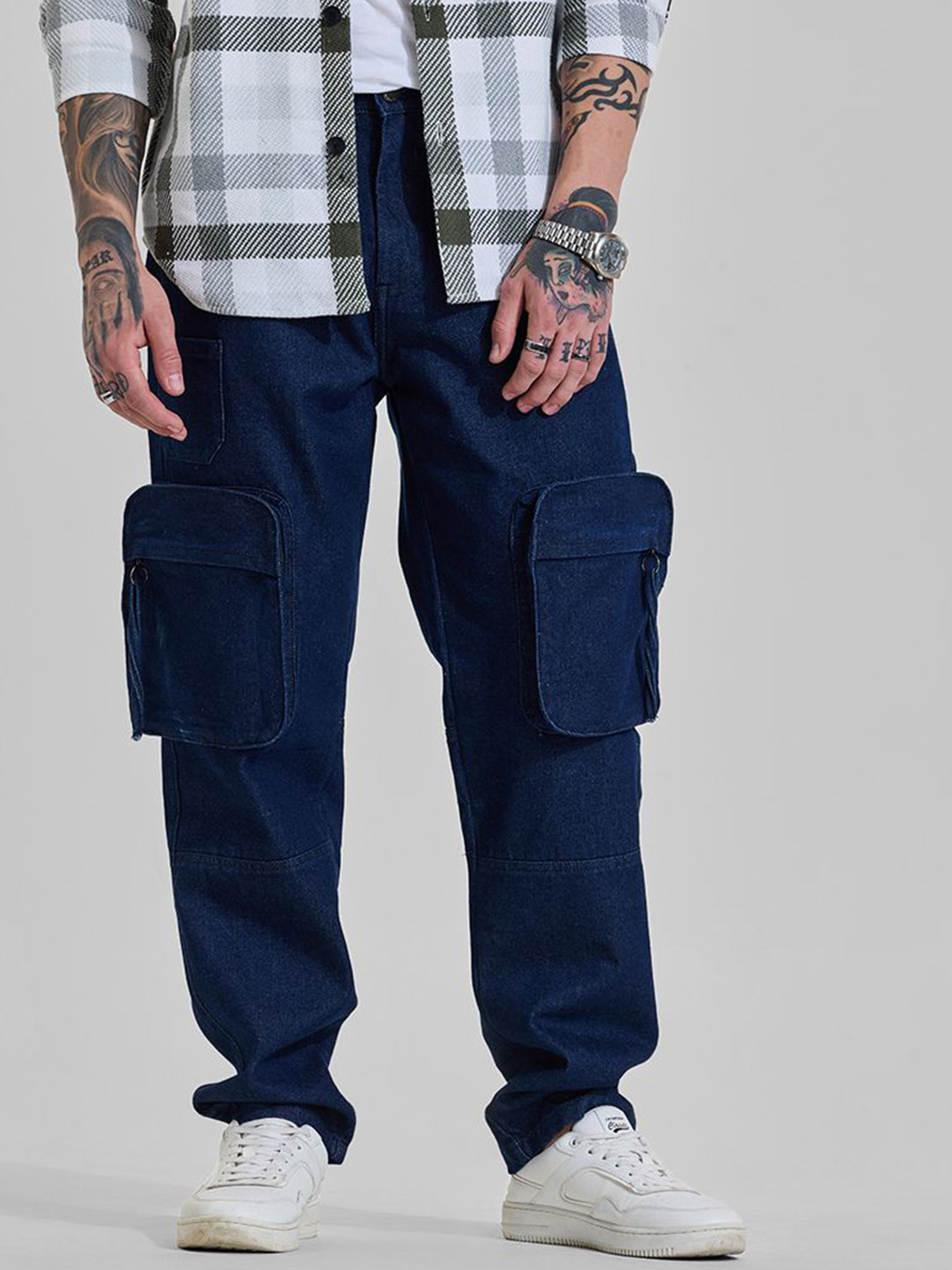 Snitch Men Dark Navy Blue Mid-Rise Baggy Jeans