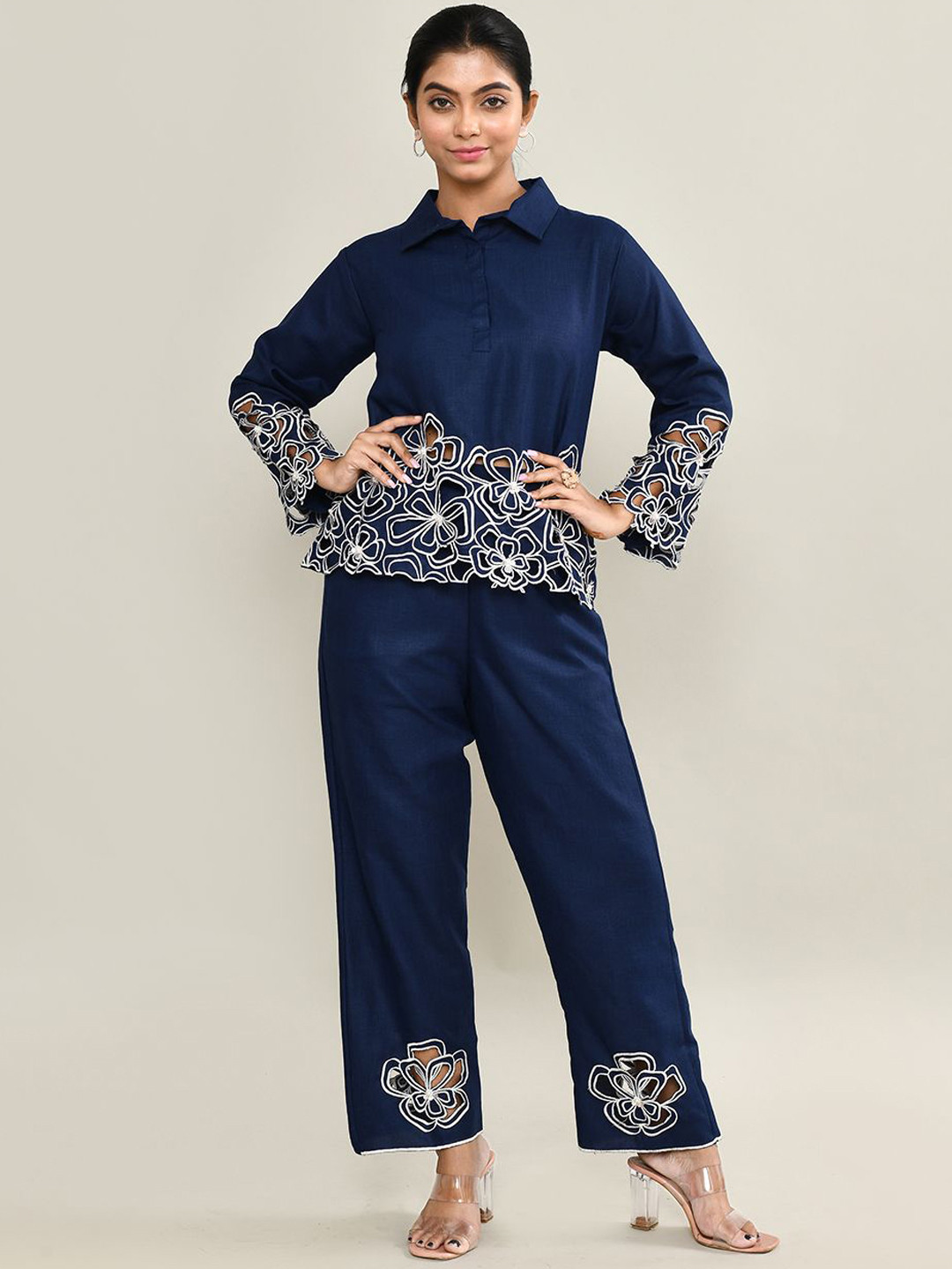 The Maple Floral Printed Shirt Collar Pure Cotton Top With Trousers
