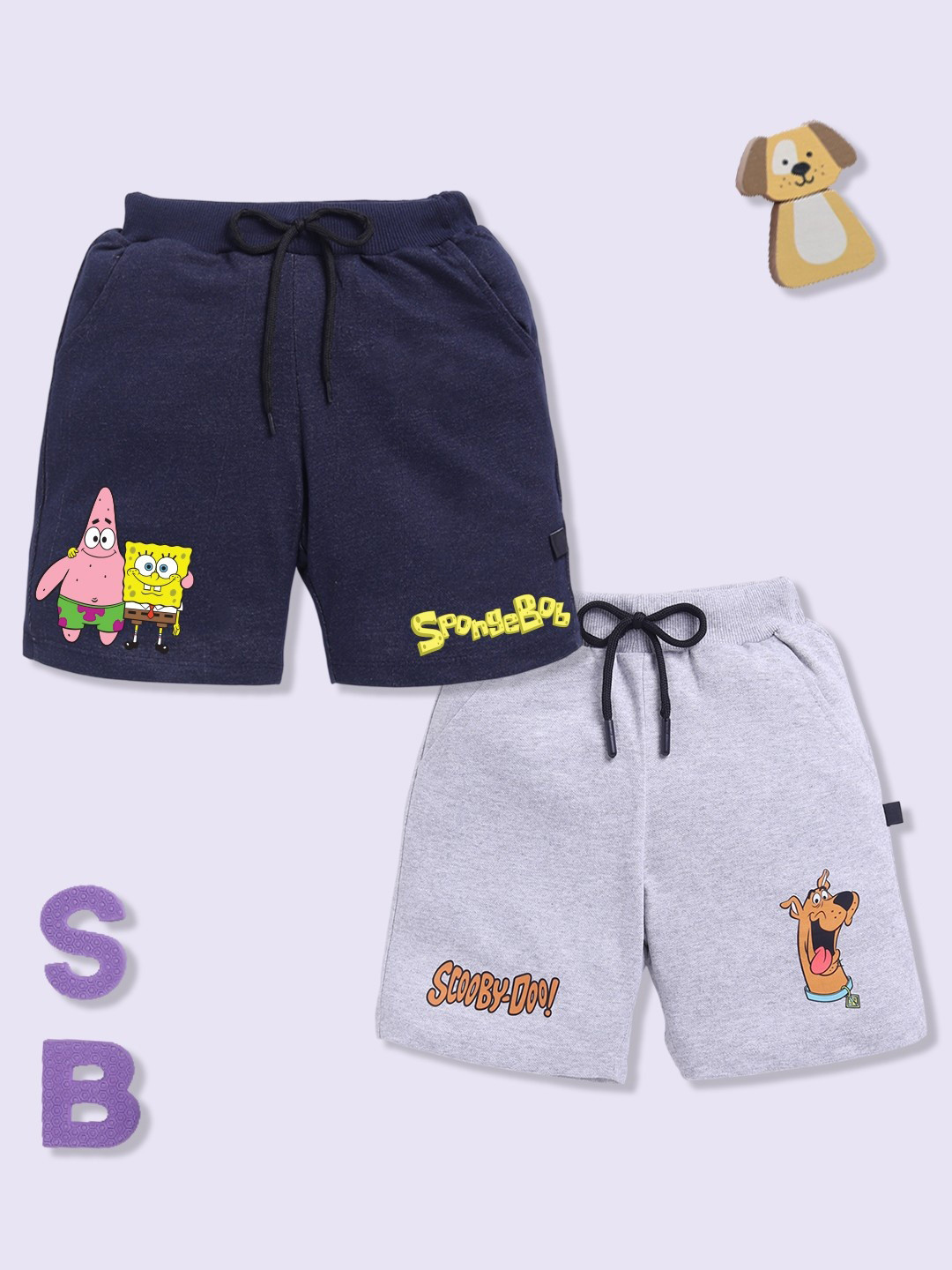 YK X Minute Mirth Boys Assorted Pack Of 2 Sponge Bob Printed Cotton Shorts