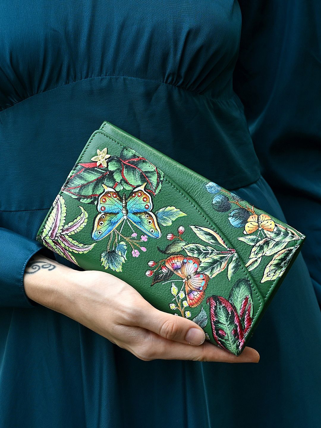 Anuschka Hand Painted Dancing Leaves Leather Accordion Flap Wallet