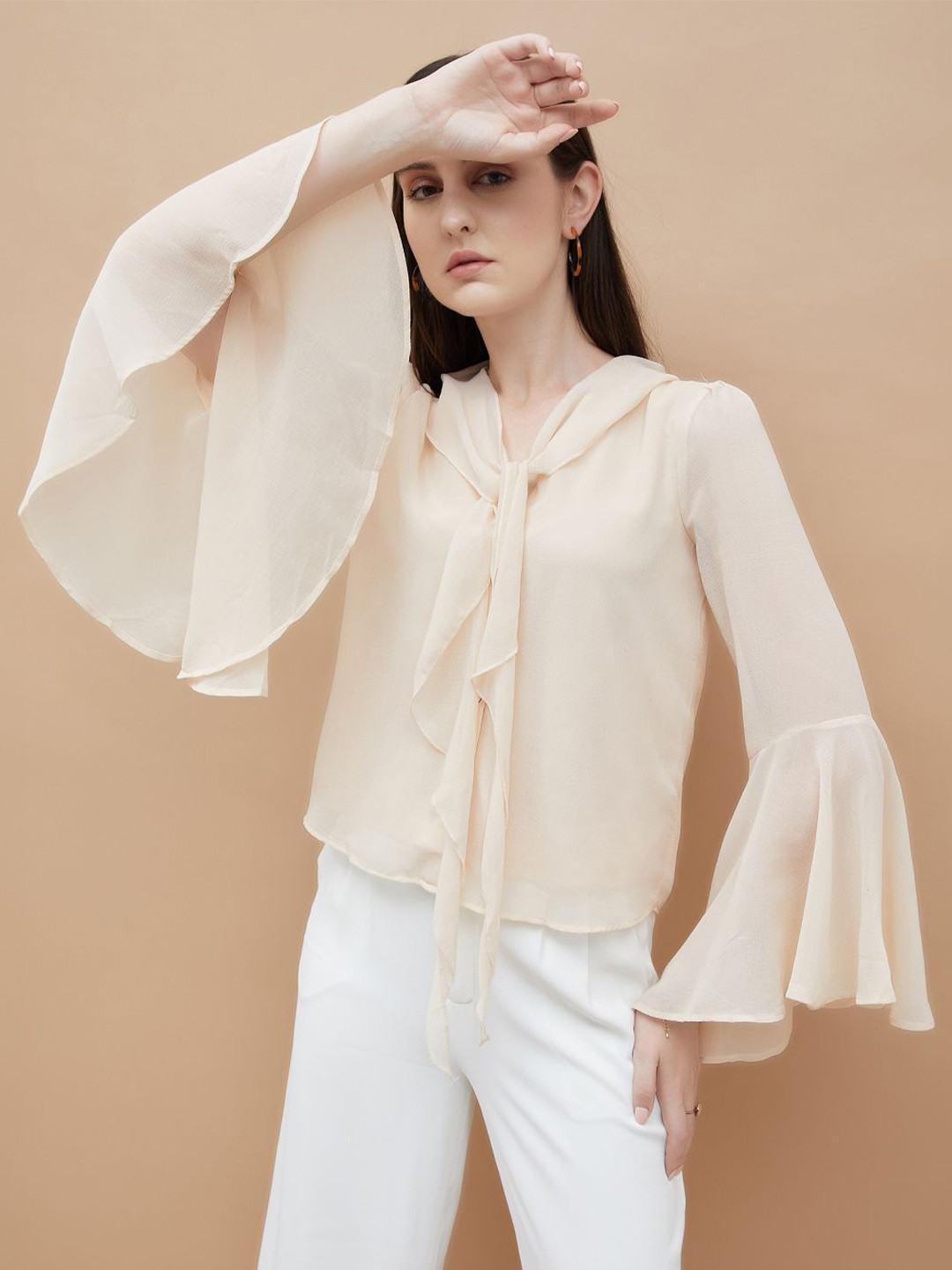 CODE by Lifestyle Tie-Up Neck Bell Sleeve Top