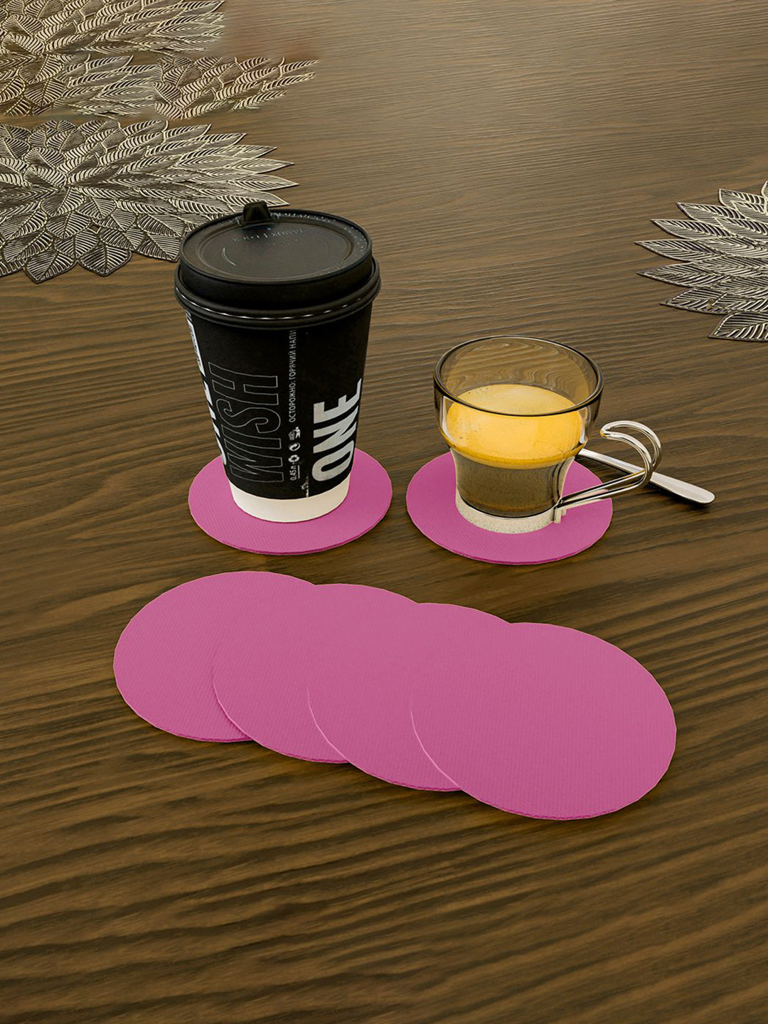 Kuber Industries Pink 6 Pieces Striped Round Heat & Moisture Resistant Non Slip Coasters