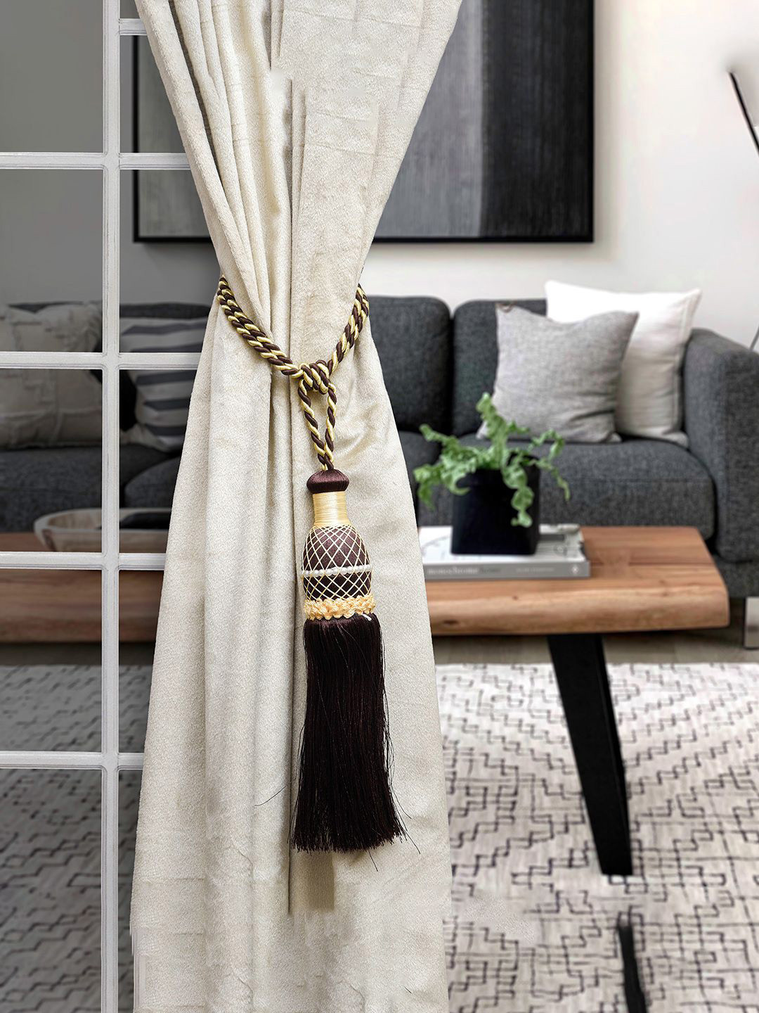 Kuber Industries Brown Moti Kit Pit Curtain Tie-Back With Tassel