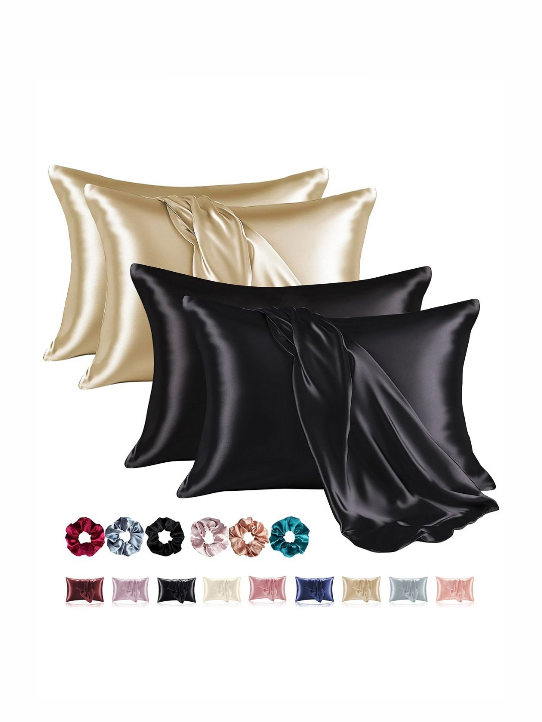 Aura Black & Champagne 4 Pieces Solid Pure Silk Rectangle Pillow Covers