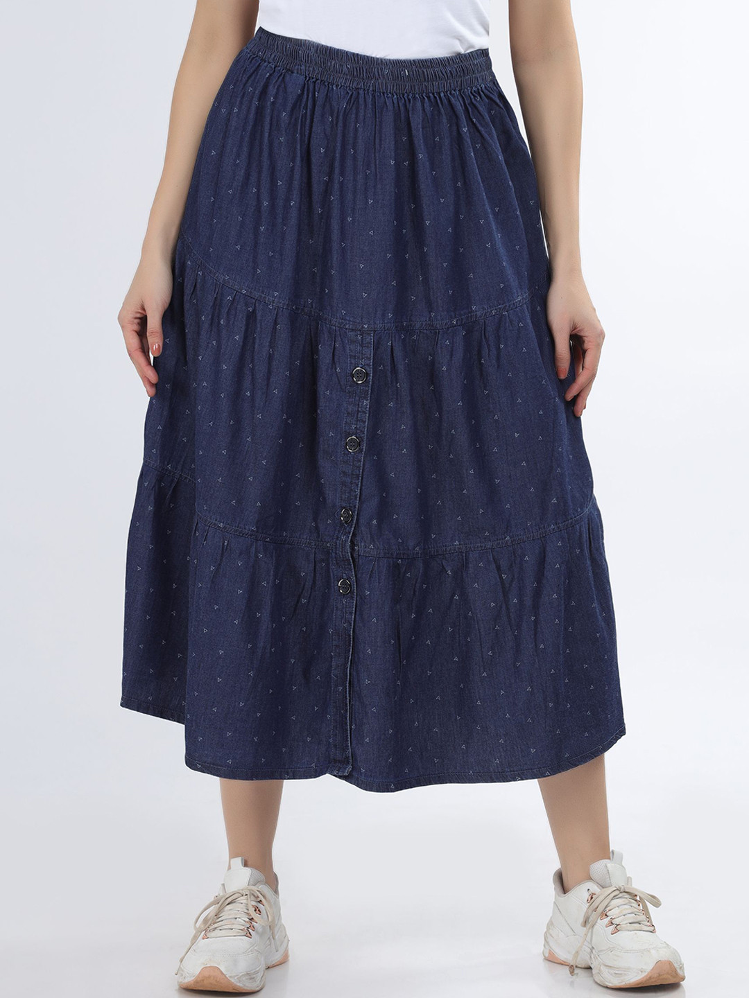 CEFALU Printed Denim Tiered Maxi Skit