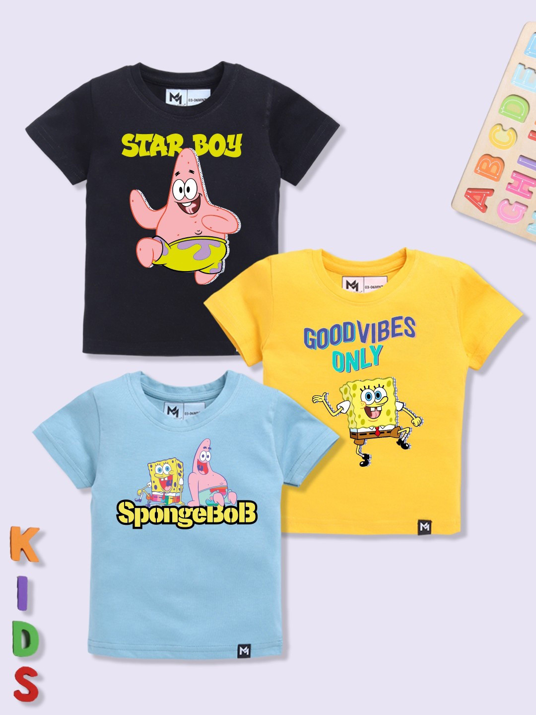 YK X Minute Mirth Boys Set of 3 Assorted Spongebob Printed Pure Cotton T-shirts