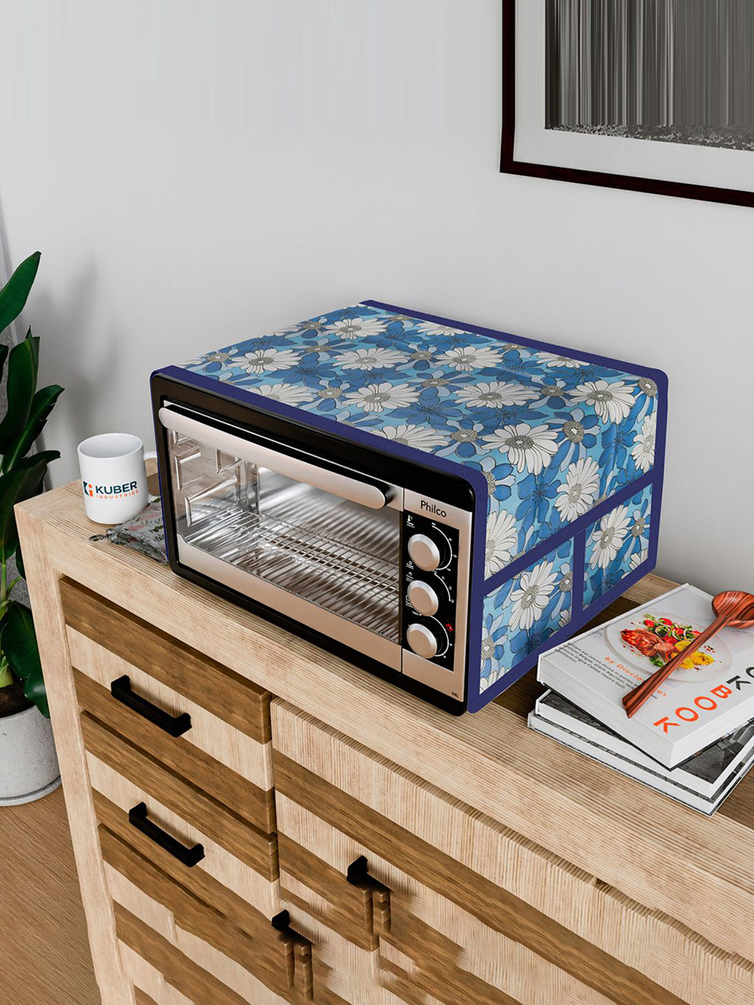 Kuber Industries Blue & White Floral Printed Microwave Top Cover