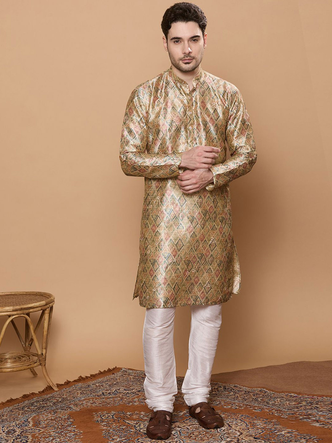 KOMPANION Floral Printed Thread Work Band Collar Straight Kurta