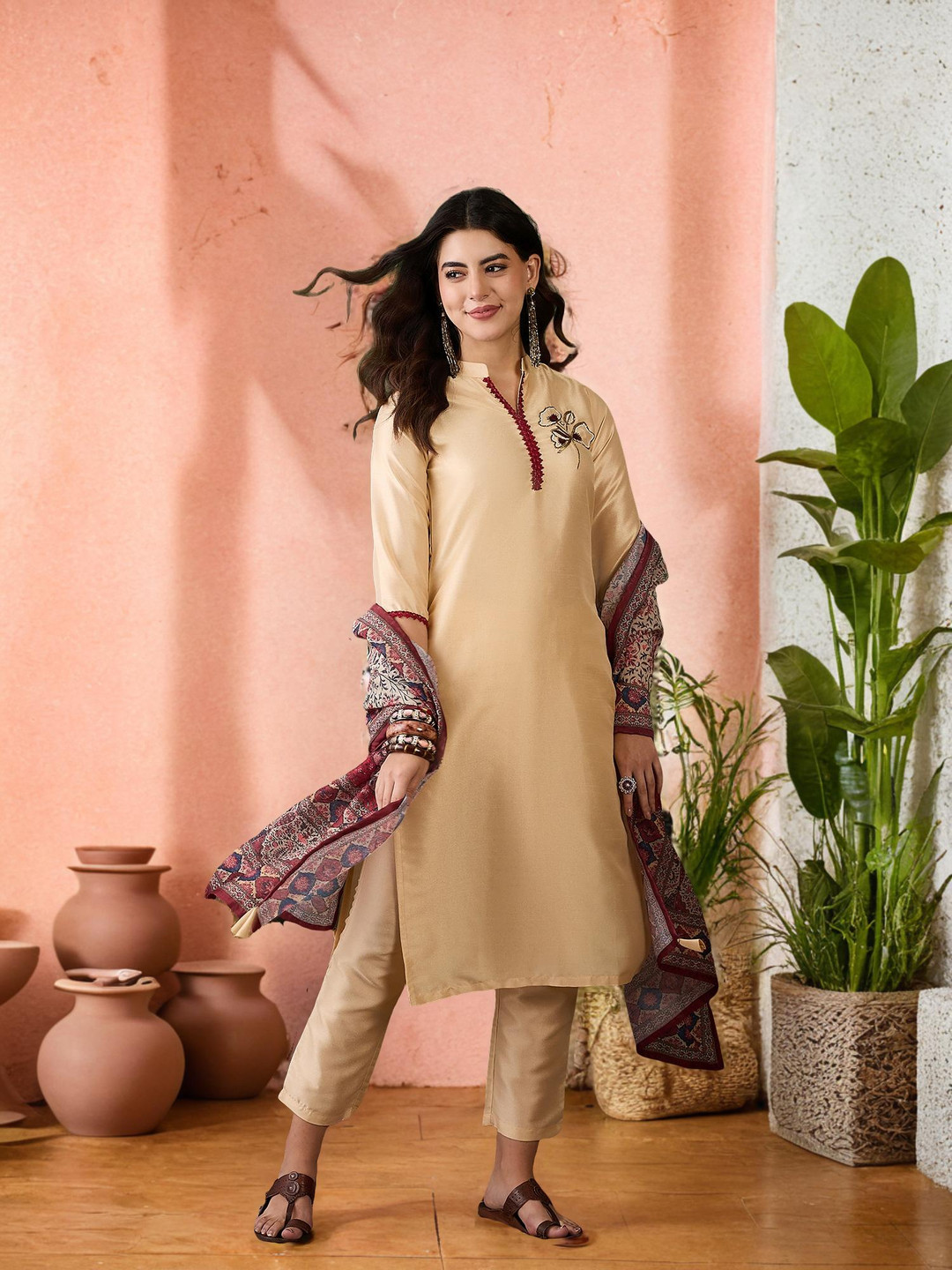 Sangria Women Festive Beads Design Kurta With Dupatta and Trousers
