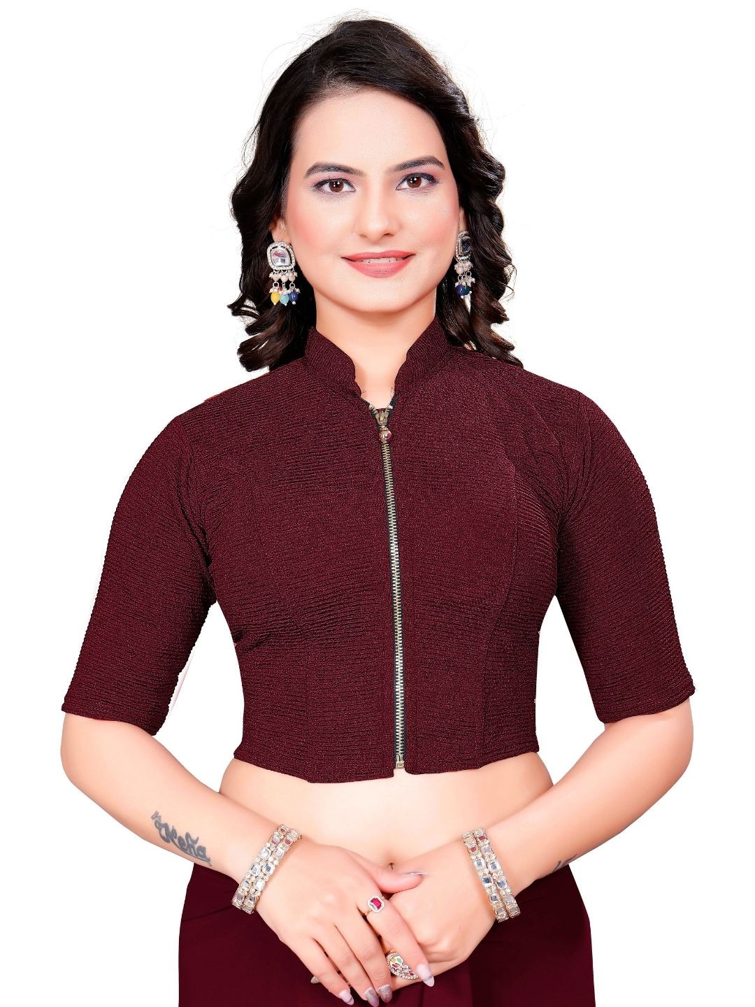 SS Sanket Synthetics High Neck Front Full Zip Blouse