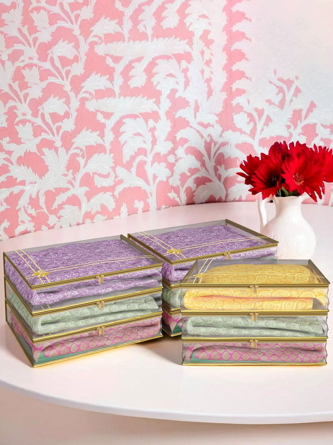 Kuber Industries Gold-Toned & Transparent 9 Pieces Bow Printed Saree Cover With Zip