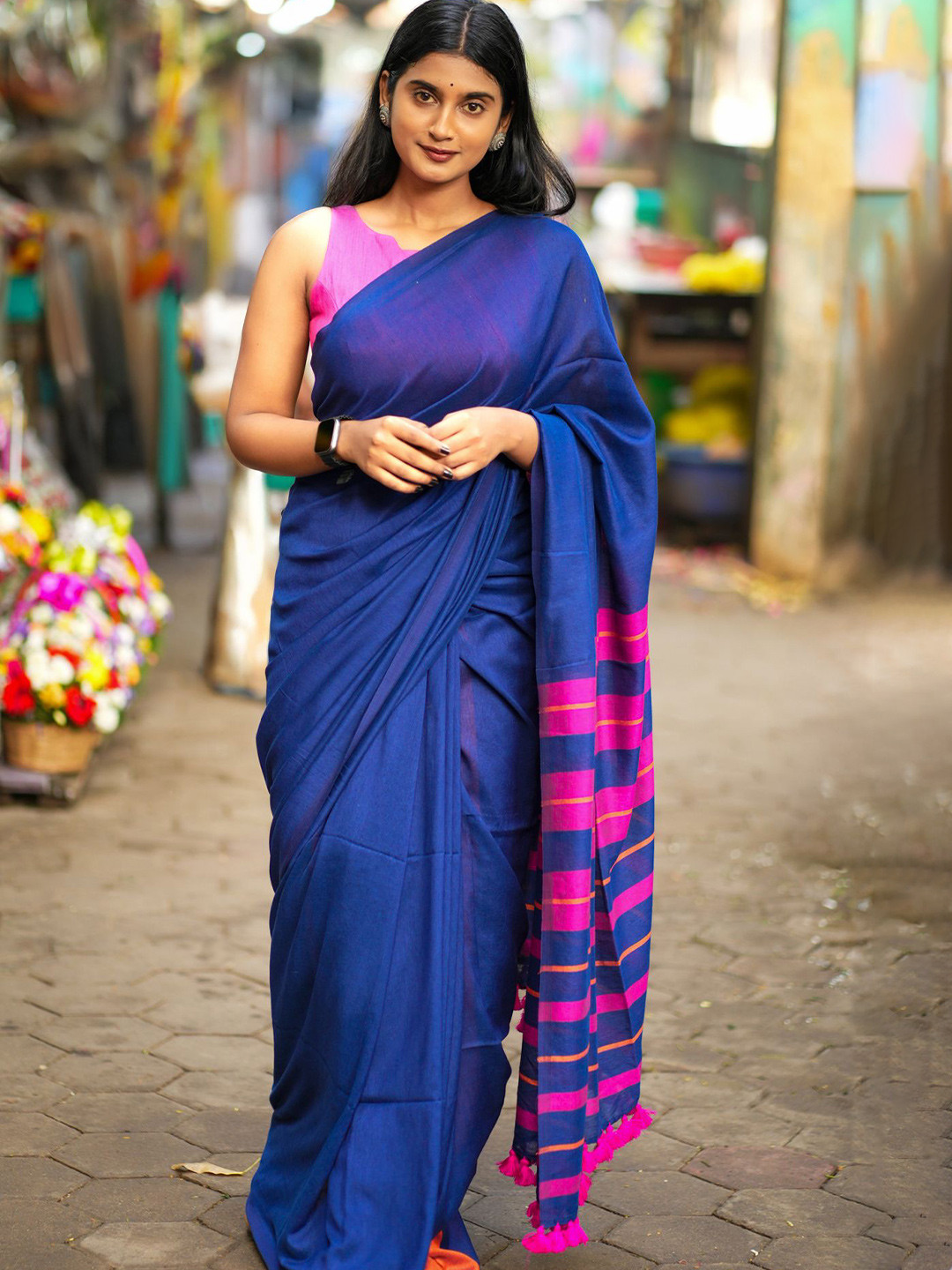 I LOVE SAREES Blue Acrylic Cotton Saree
