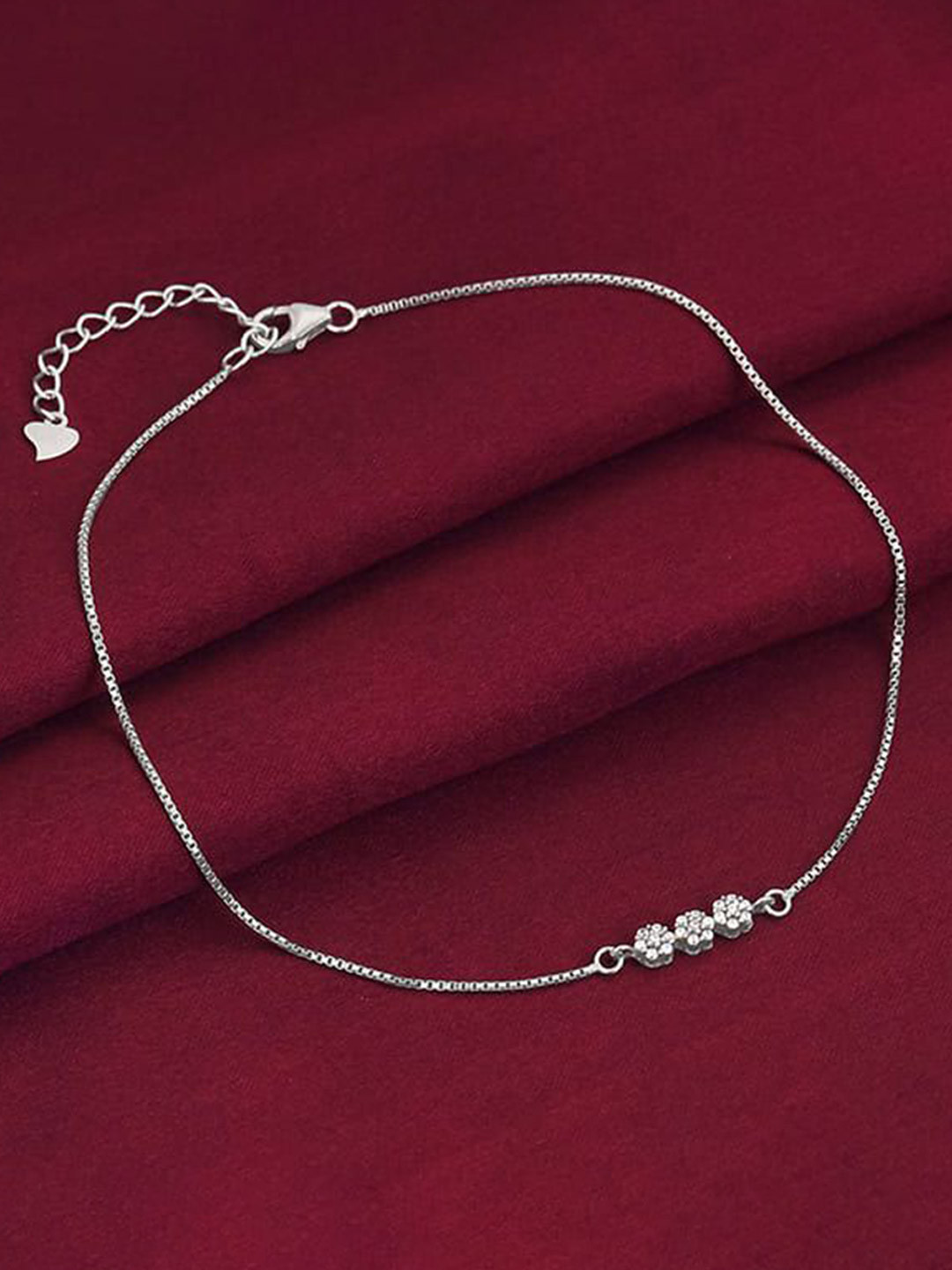 GIVA 925 Silver Rhodium-Plated Artificial Stones Studded Triple Flora Anklets