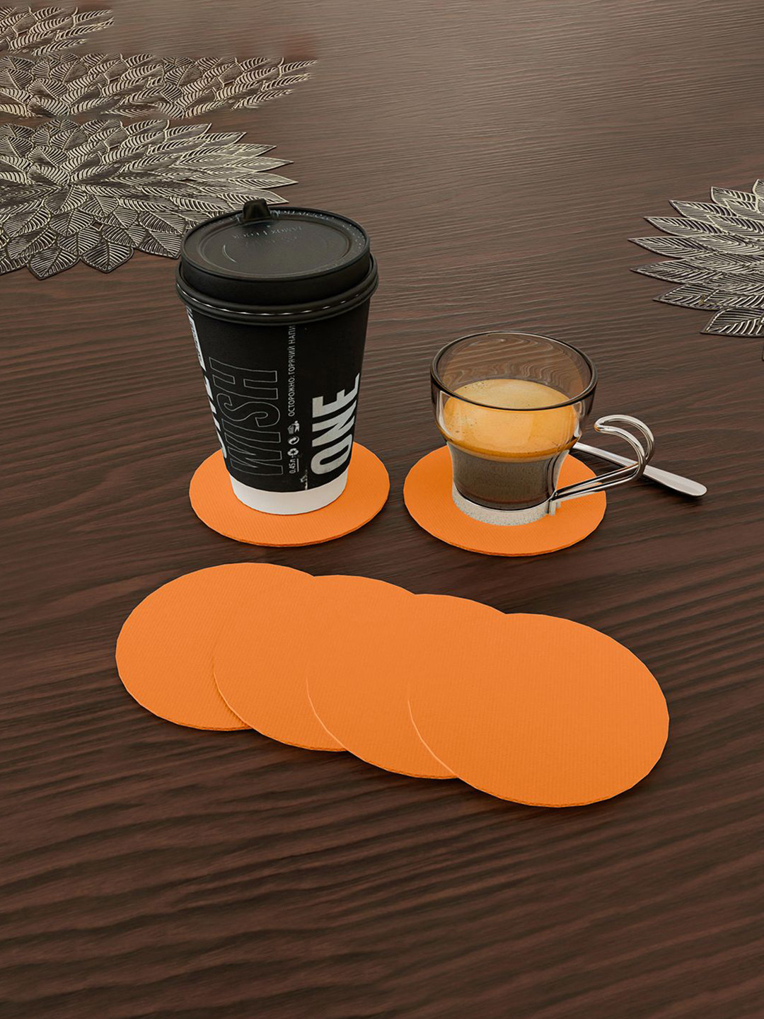 Kuber Industries Orange-Color 6 Pieces Striped Round  Moisture Resistant Non Slip Coasters