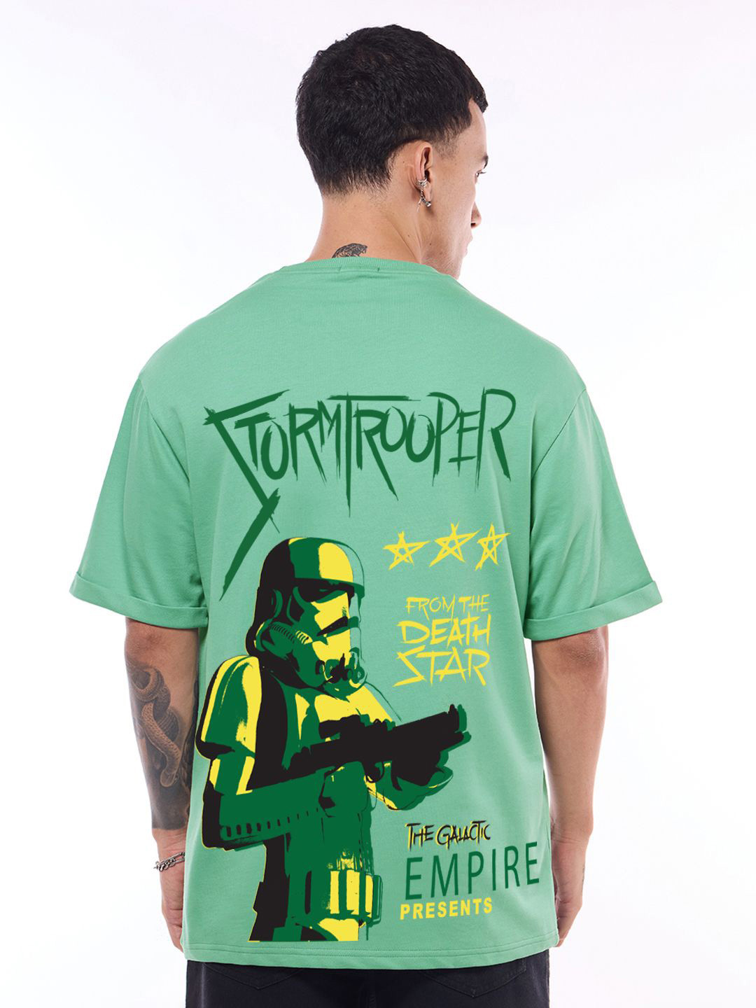 Bewakoof Disney Merchandise Granite Green Storm Trooper Graphic Printed Oversized T-Shirt