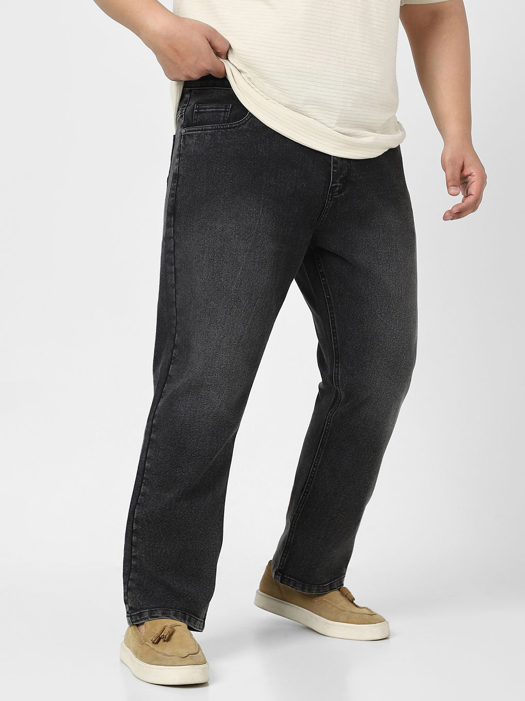 Urbano Plus Men's Plus Size Black Straight Fit Heavy Washed Jeans Stretchable