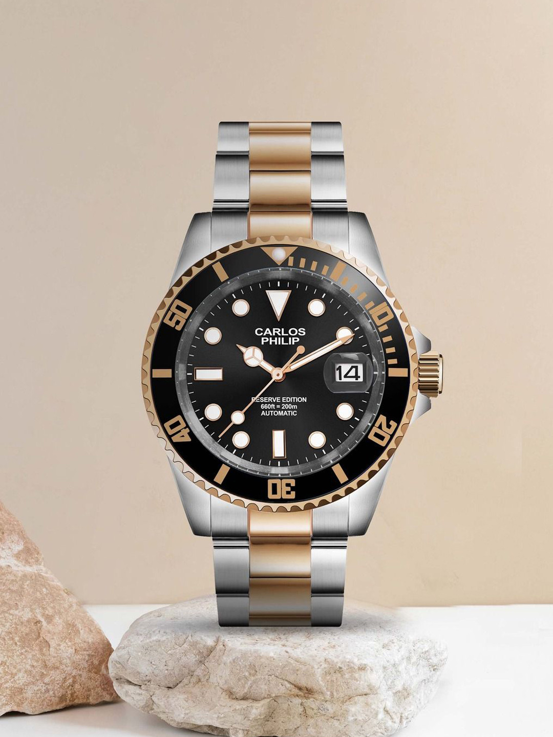 CARLOS PHILIP Men Brass Dial & Stainless Steel Bracelet Style Straps Analogue Automatic Motion Powered Watch