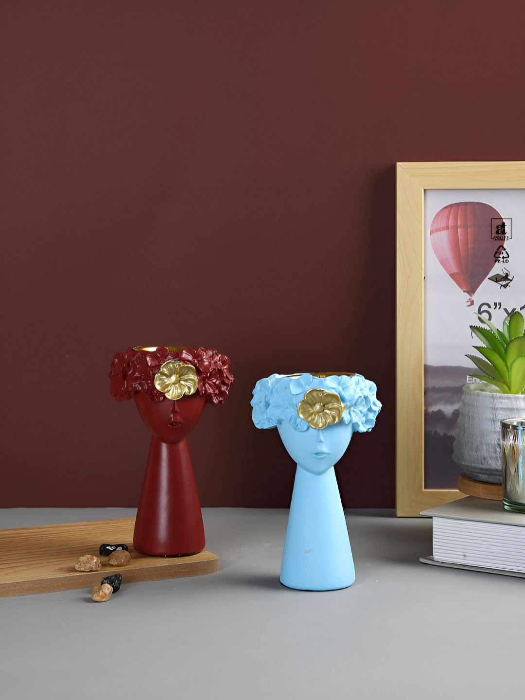 TAYHAA Floral Planter Maroon Polyresin Matte Living Room Set of 2 Small Showpieces - 5.5 Inches