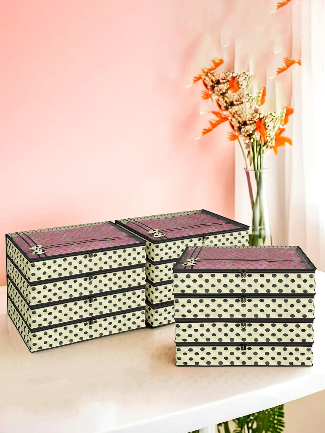 Kuber Industries Cream-Coloured 12 Pieces Bow-Design Multi-Utility Organisers