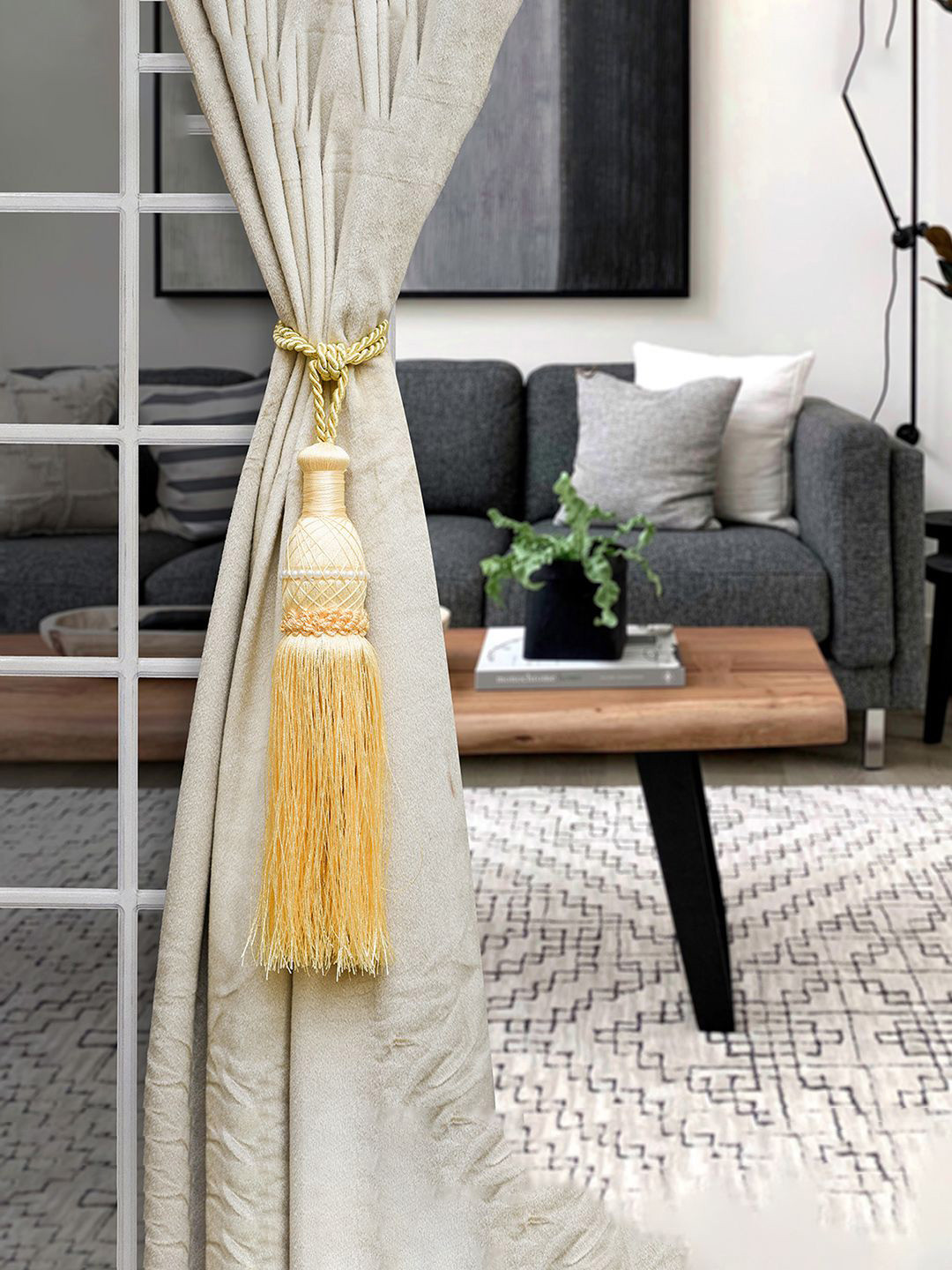 Kuber Industries Cream-Color Eco Friendly Moti Kit Pit Curtain Tie-Back With Tassel